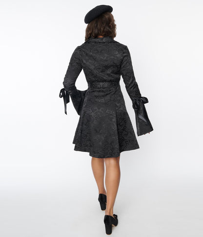 Black Brocade Ribbon Fit & Flare Coat