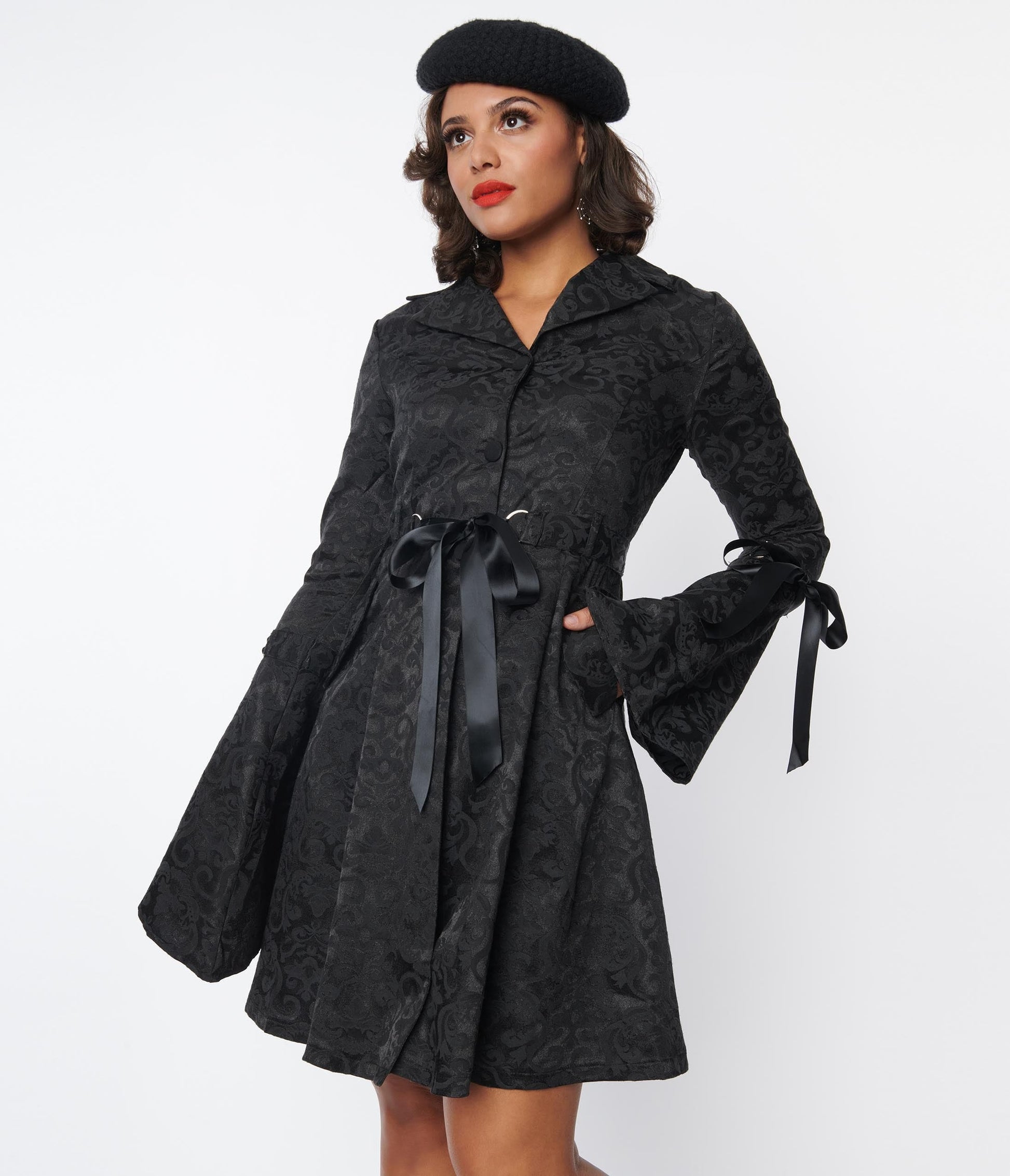 Black Brocade Ribbon Fit & Flare Coat