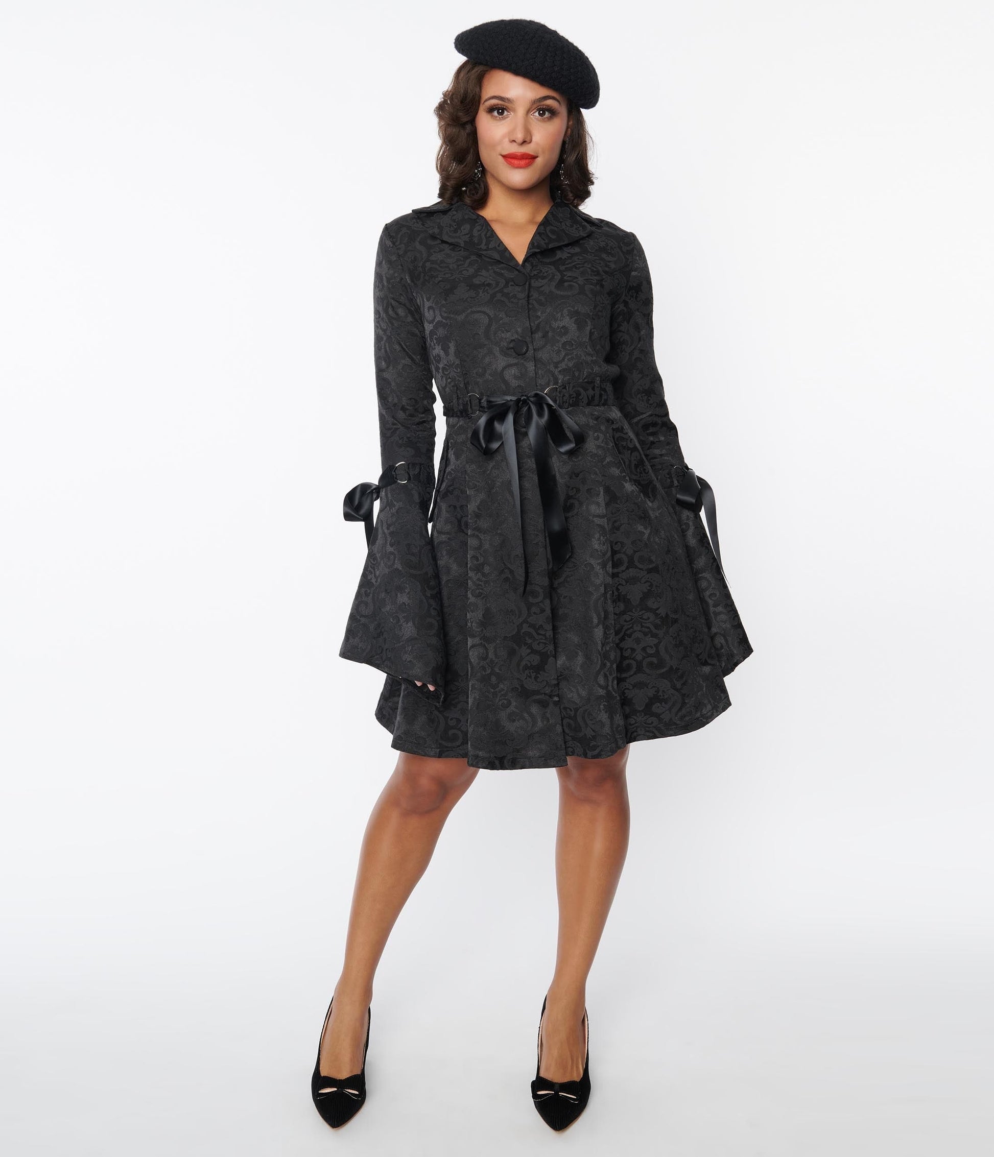 Black Brocade Ribbon Fit & Flare Coat