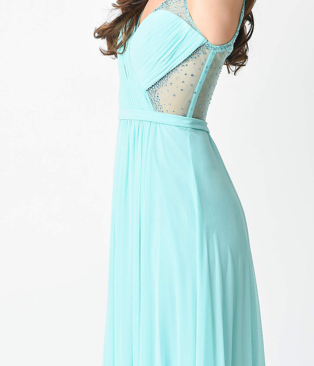 1930s Style Mint Sweetheart Mesh Netted Illusion Maxi Gown