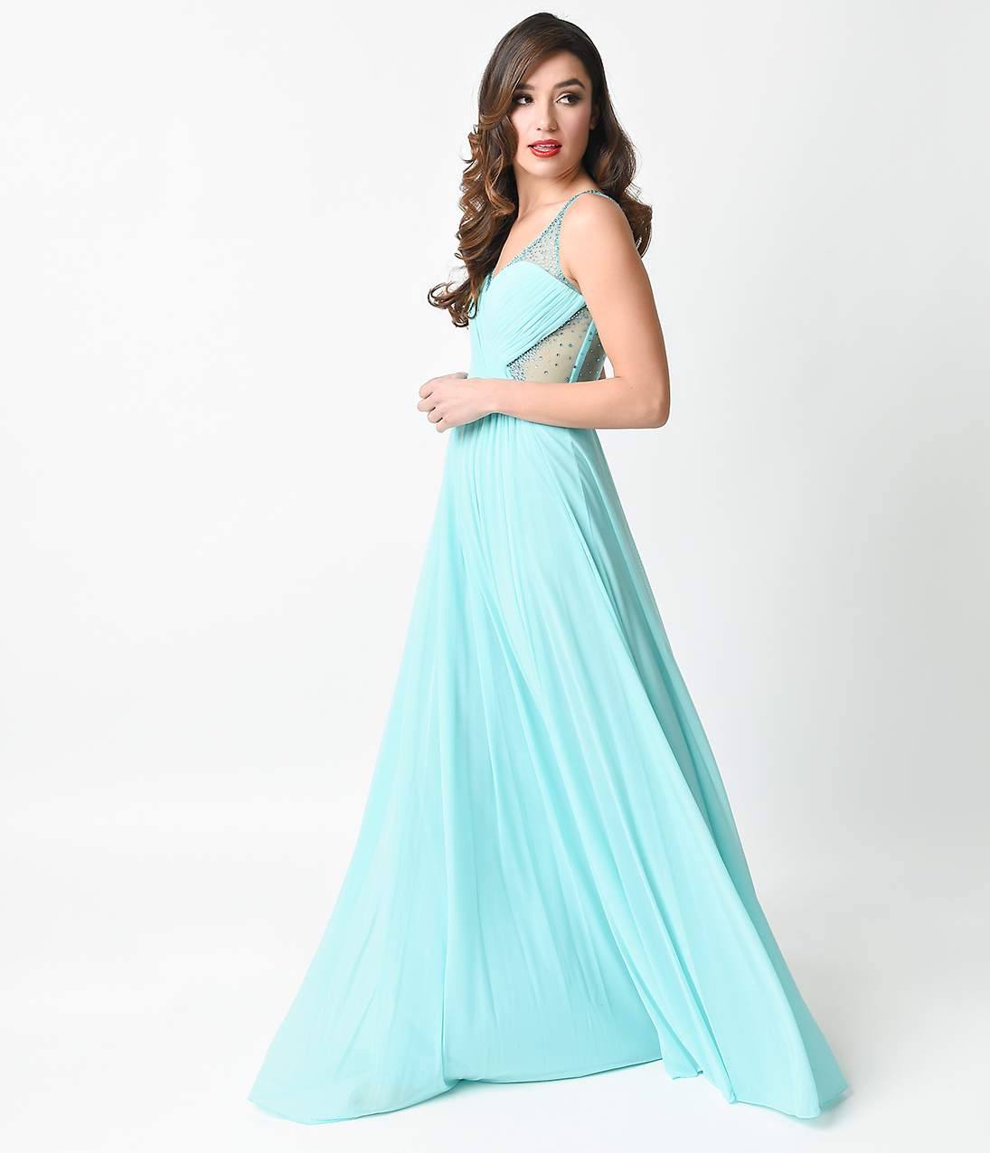 1930s Style Mint Sweetheart Mesh Netted Illusion Maxi Gown