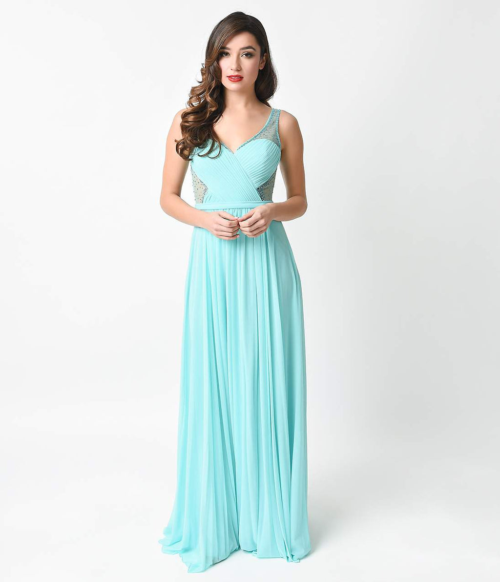 1930s Style Mint Sweetheart Mesh Netted Illusion Maxi Gown