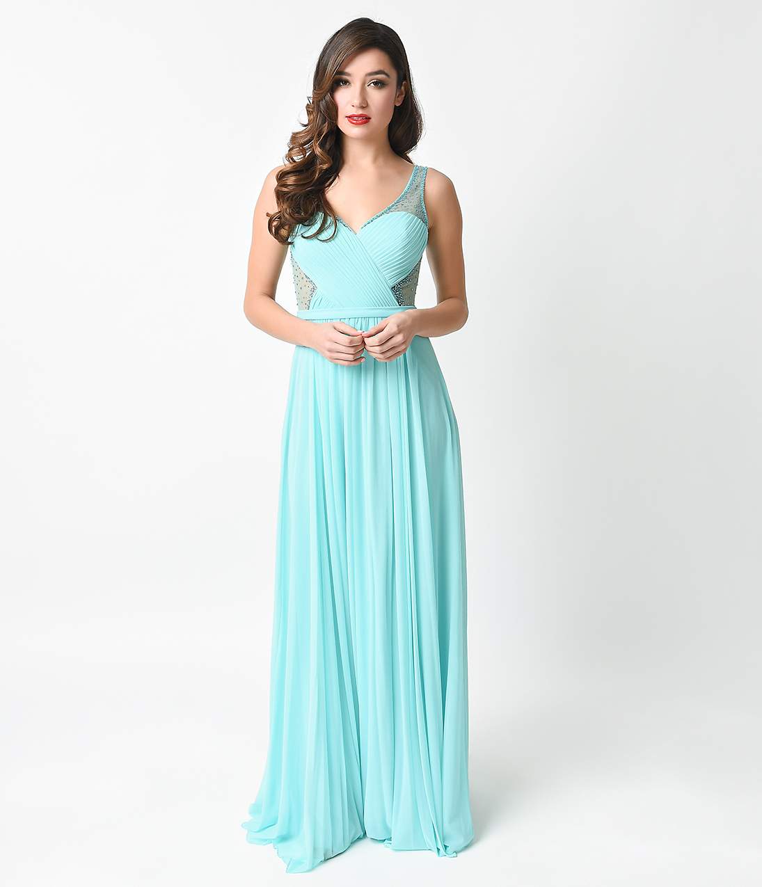 1930s Style Mint Sweetheart Mesh Netted Illusion Maxi Gown