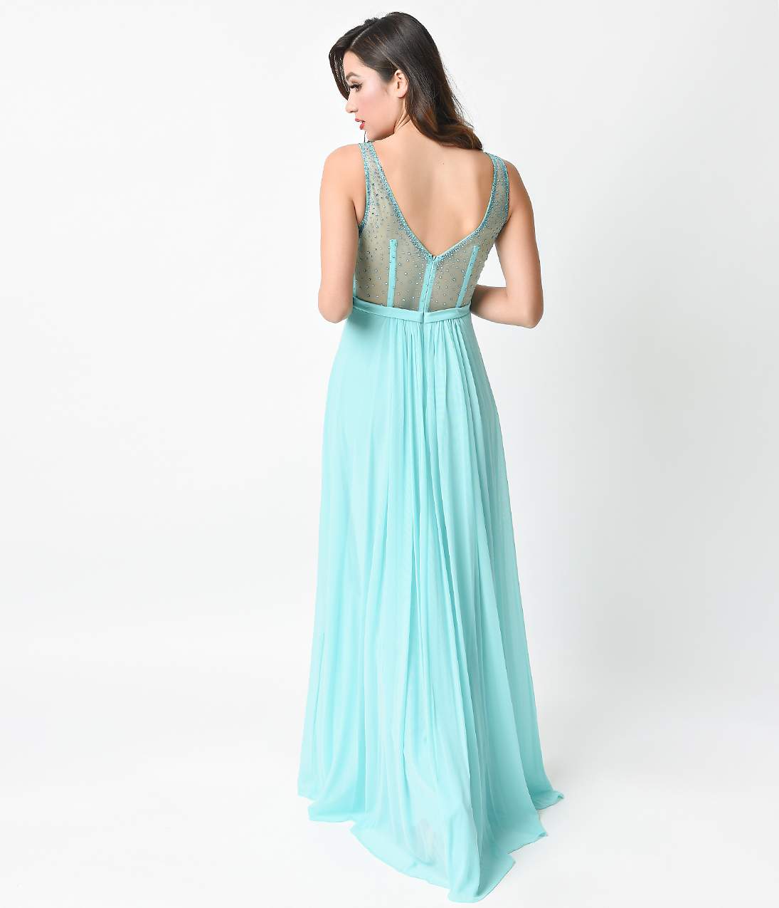 1930s Style Mint Sweetheart Mesh Netted Illusion Maxi Gown