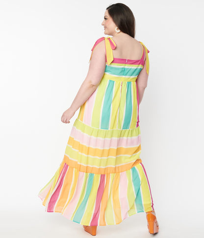 Plus Size Rainbow Striped Tiered Maxi Dress