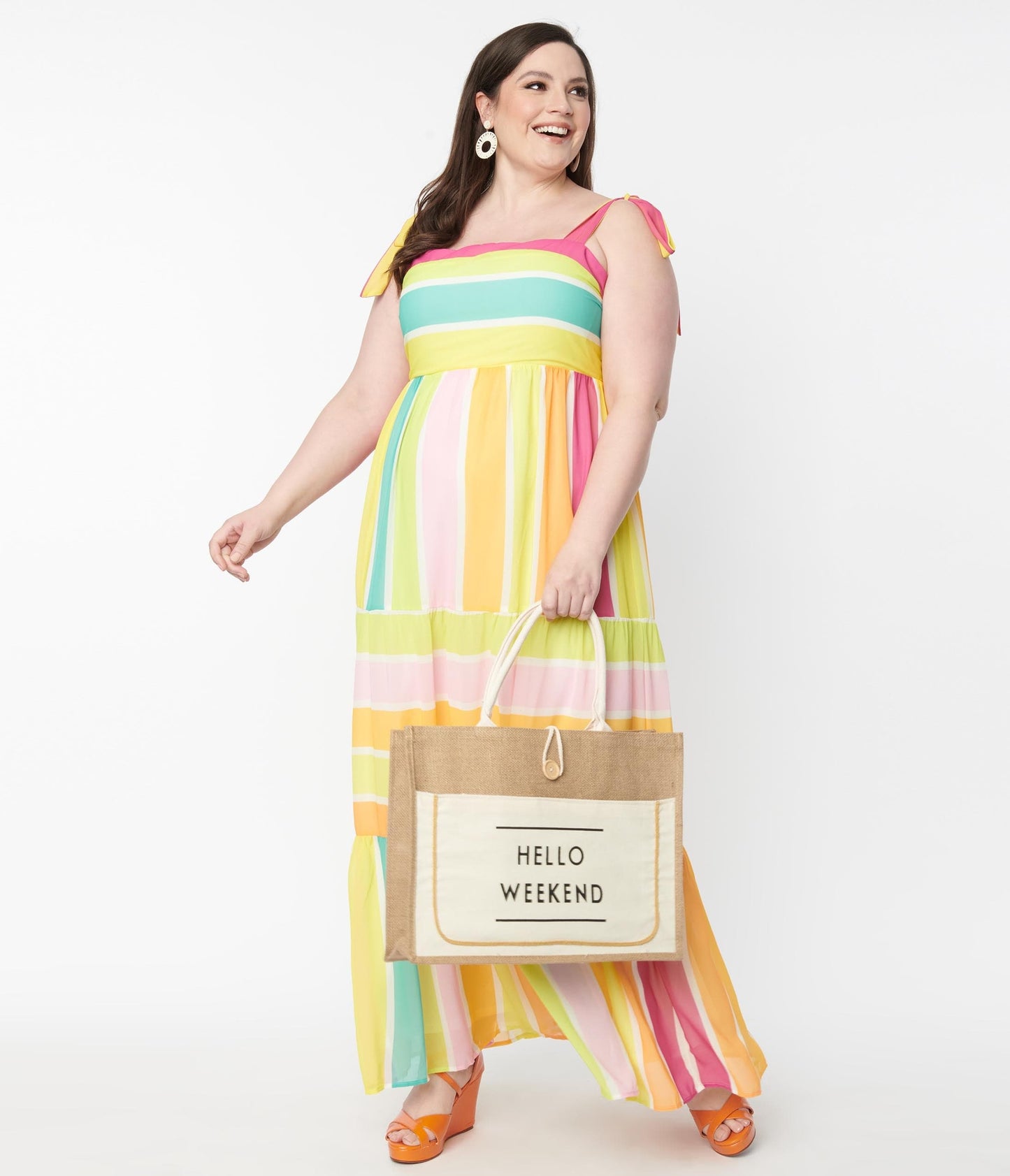 Plus Size Rainbow Striped Tiered Maxi Dress