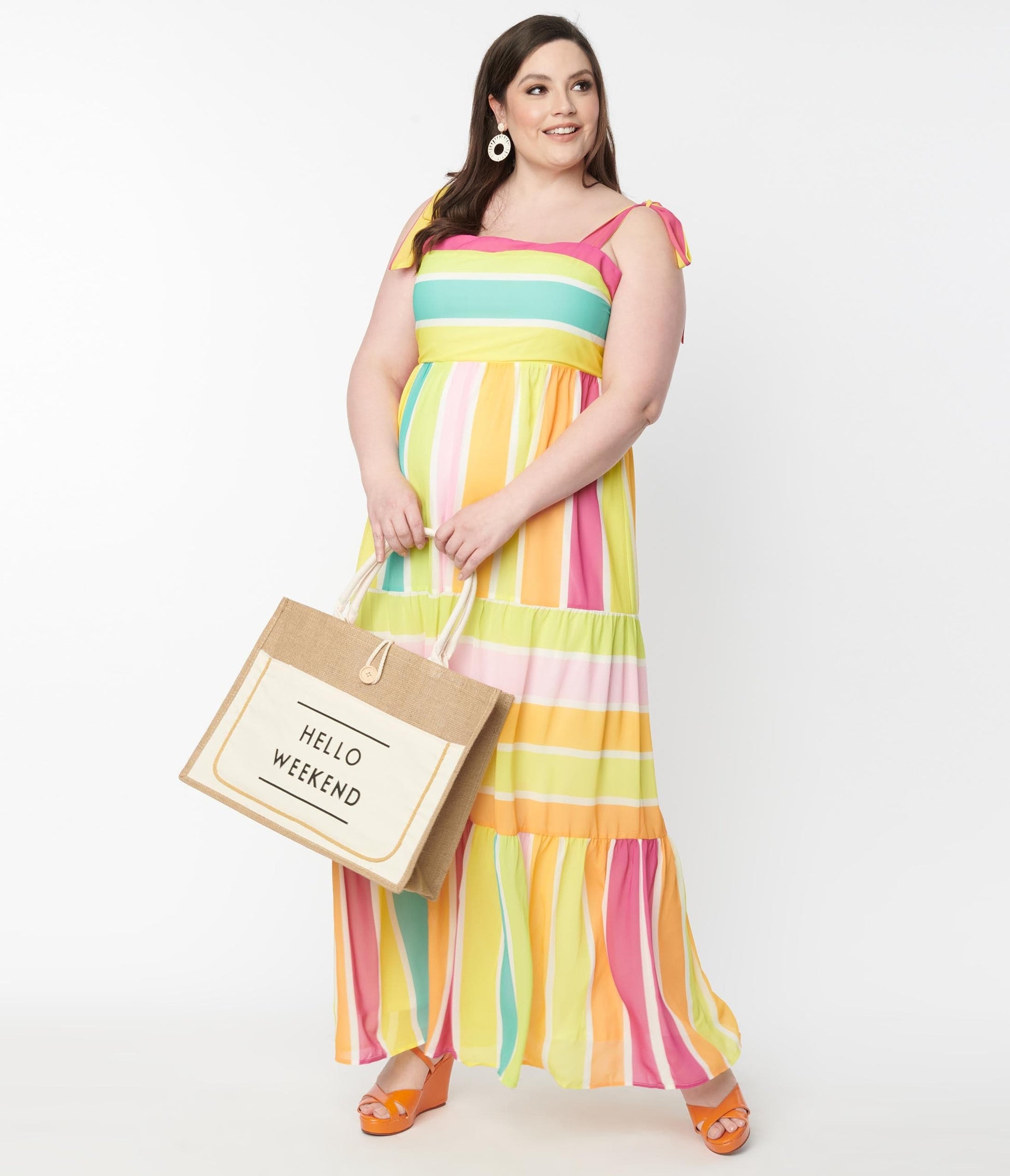 Plus Size Rainbow Striped Tiered Maxi Dress