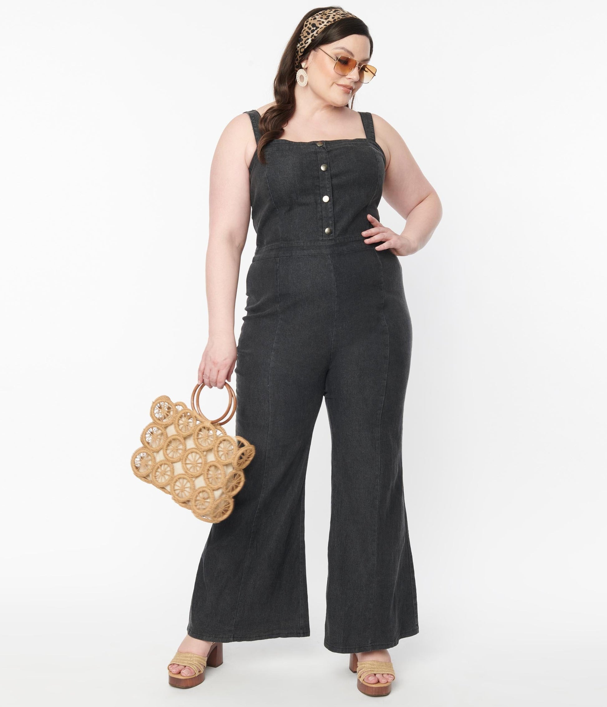 1970s Plus Size Retro Black Denim Flare Jumpsuit