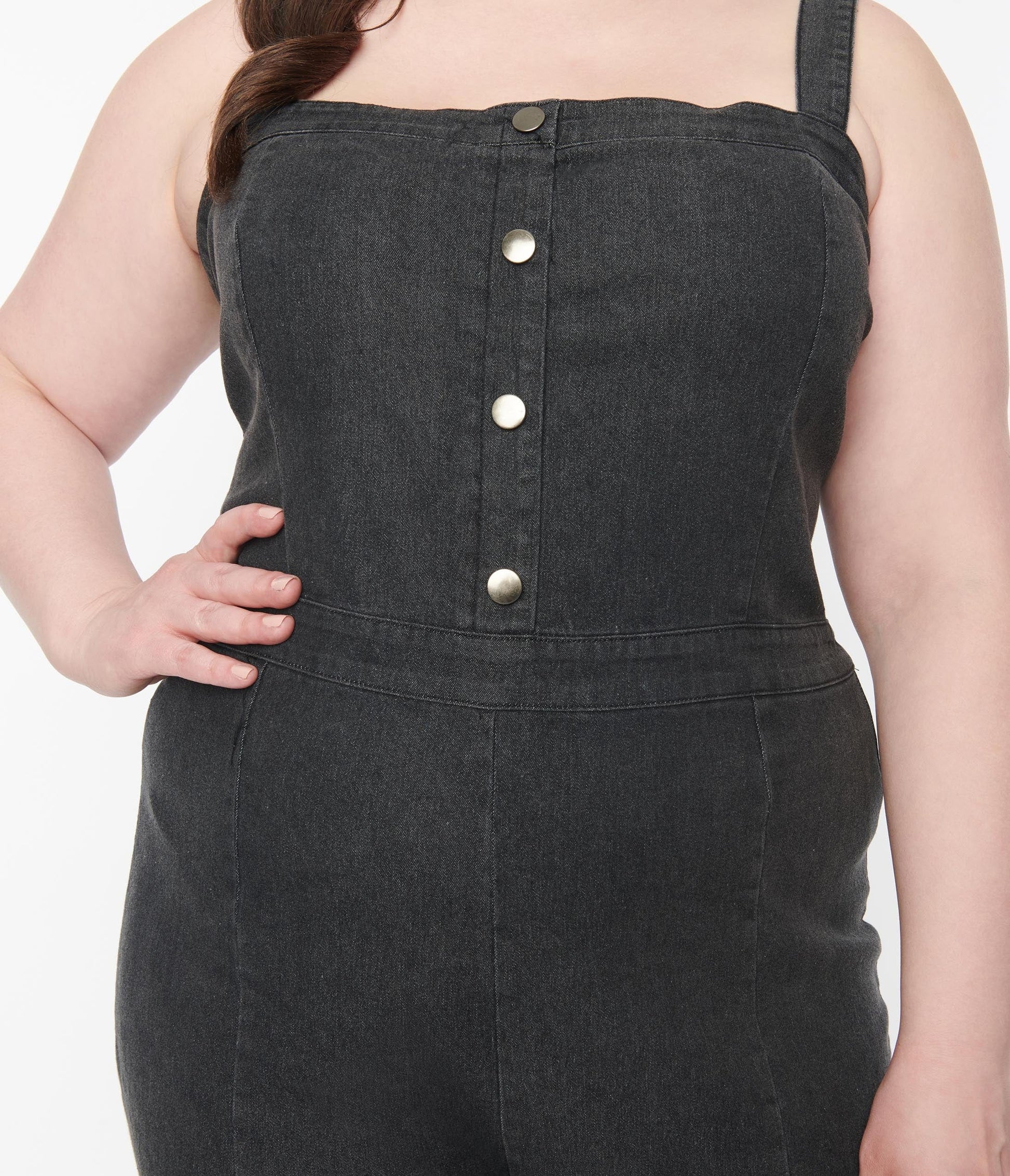 1970s Plus Size Retro Black Denim Flare Jumpsuit
