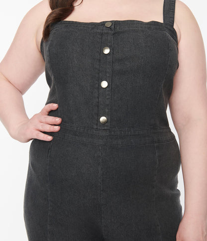 1970s Plus Size Retro Black Denim Flare Jumpsuit
