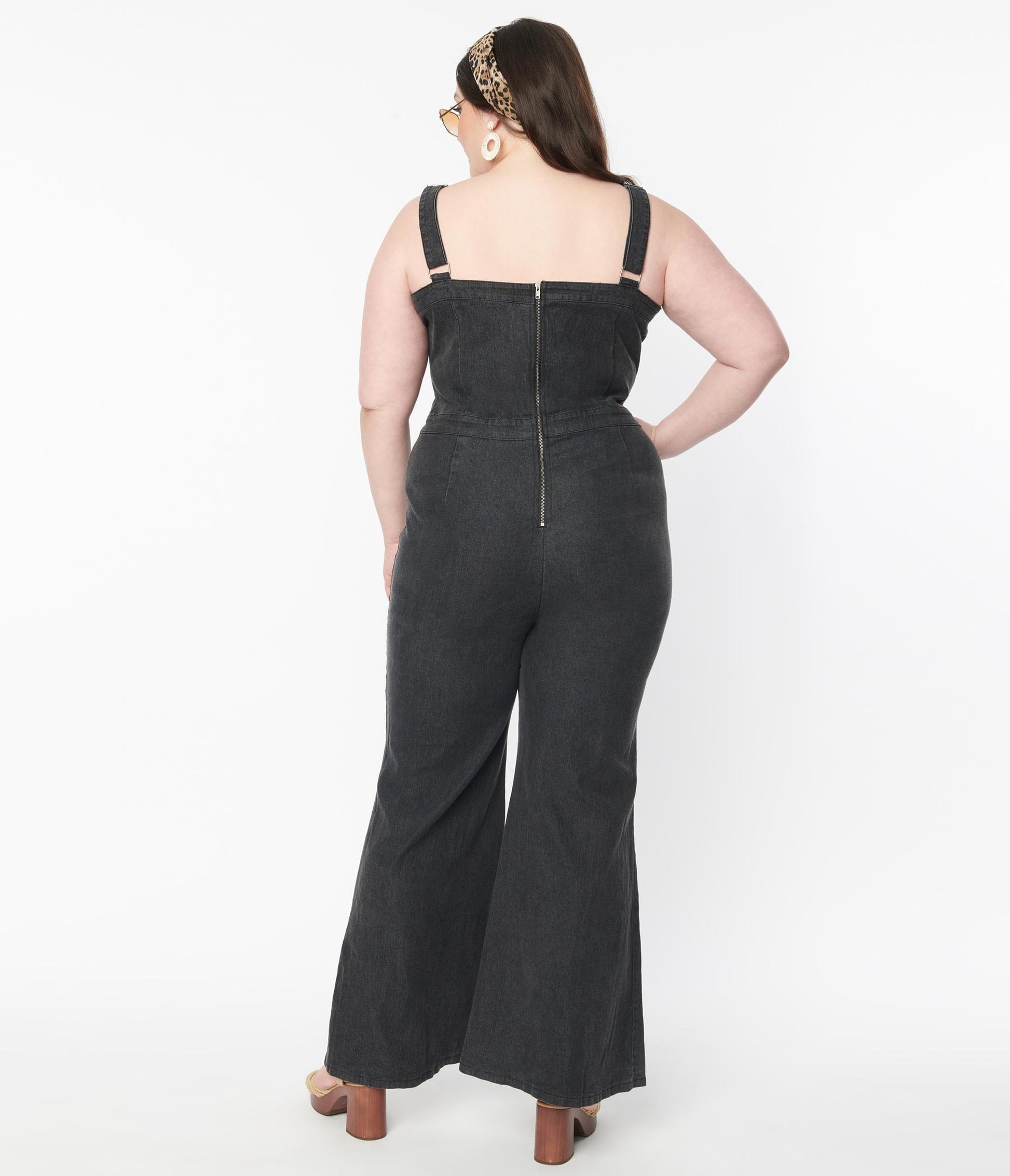 1970s Plus Size Retro Black Denim Flare Jumpsuit