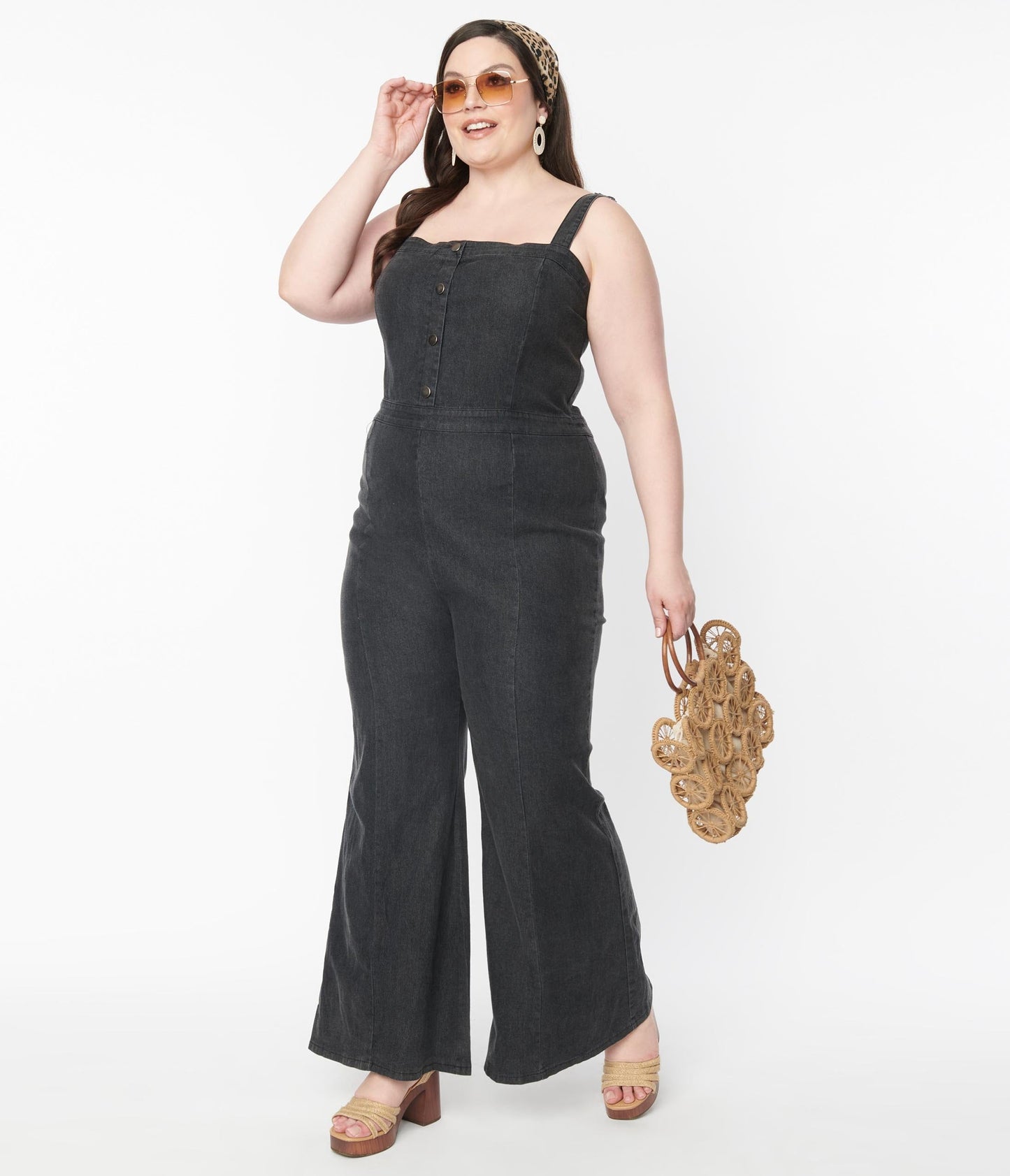 1970s Plus Size Retro Black Denim Flare Jumpsuit