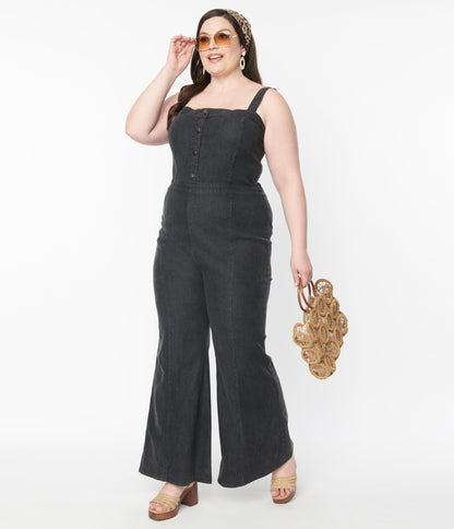 1970s Plus Size Retro Black Denim Flare Jumpsuit
