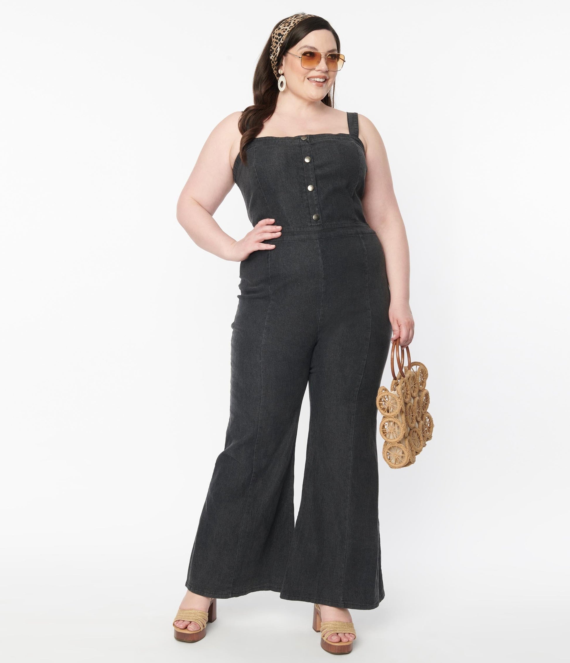 1970s Plus Size Retro Black Denim Flare Jumpsuit