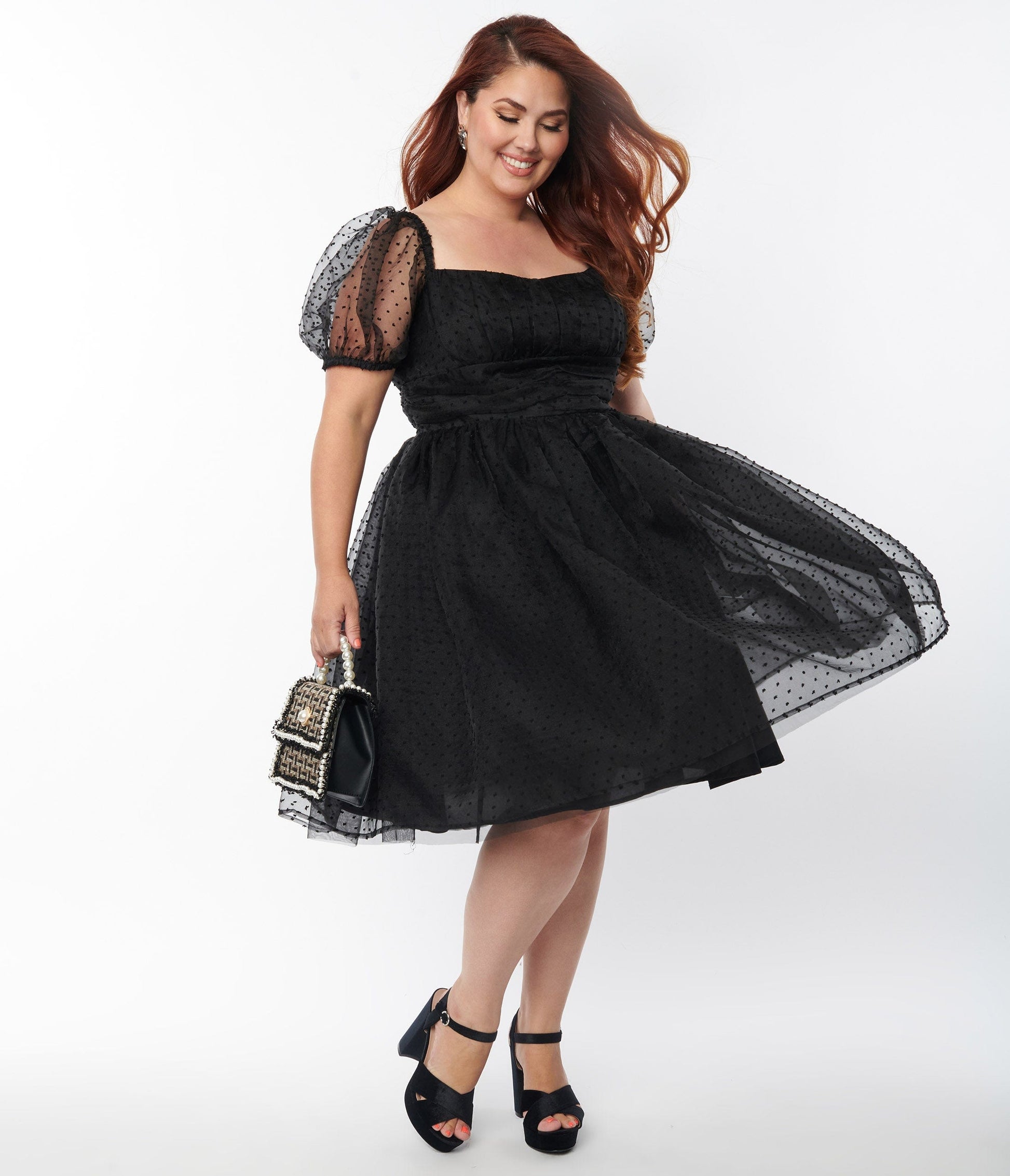 Unique Vintage Plus Size Black Clip Dot Fit & Flare Dress