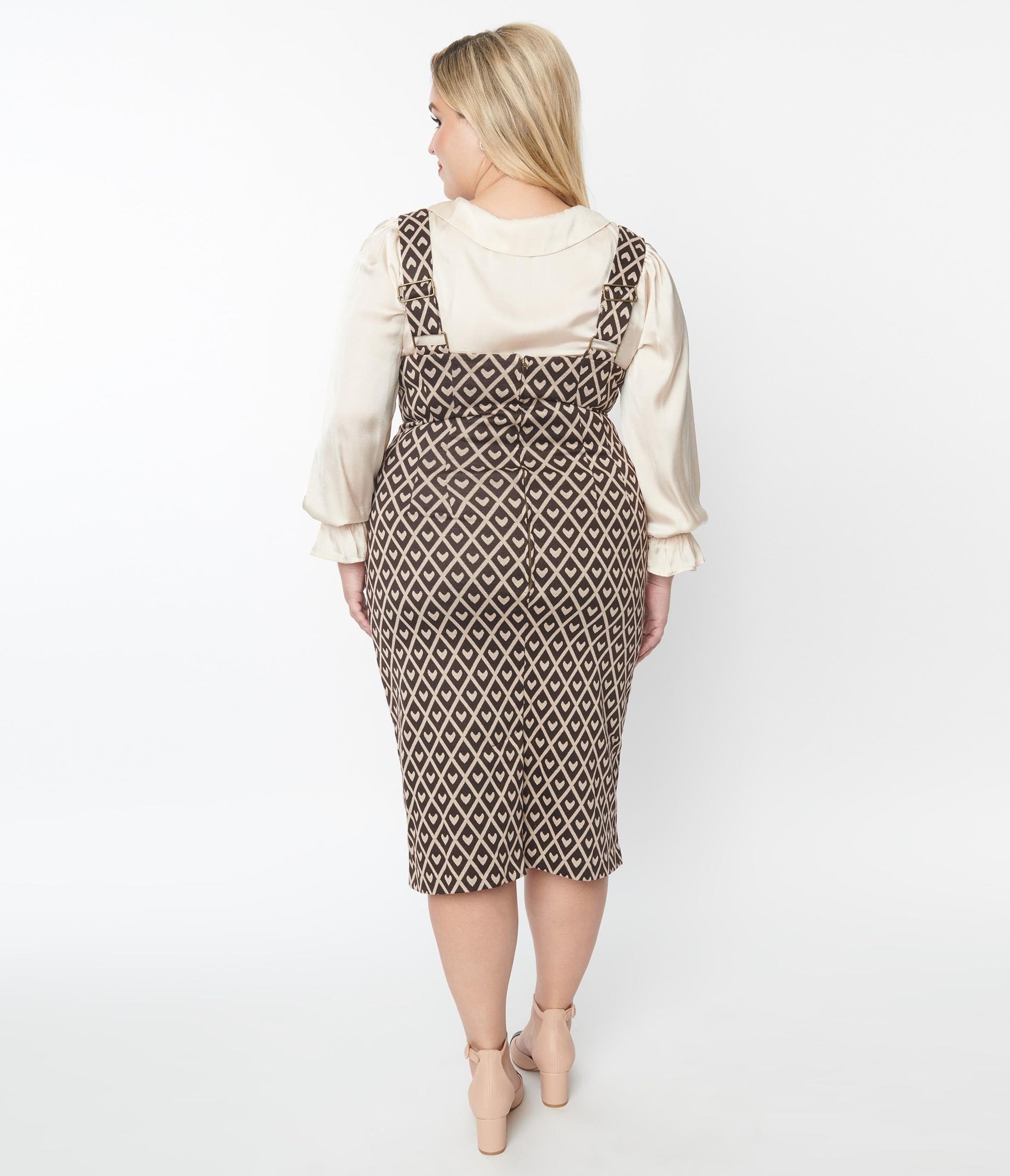 Unique Vintage Plus Size Brown Argyle Hearts Fontaine Suspender Pencil Skirt