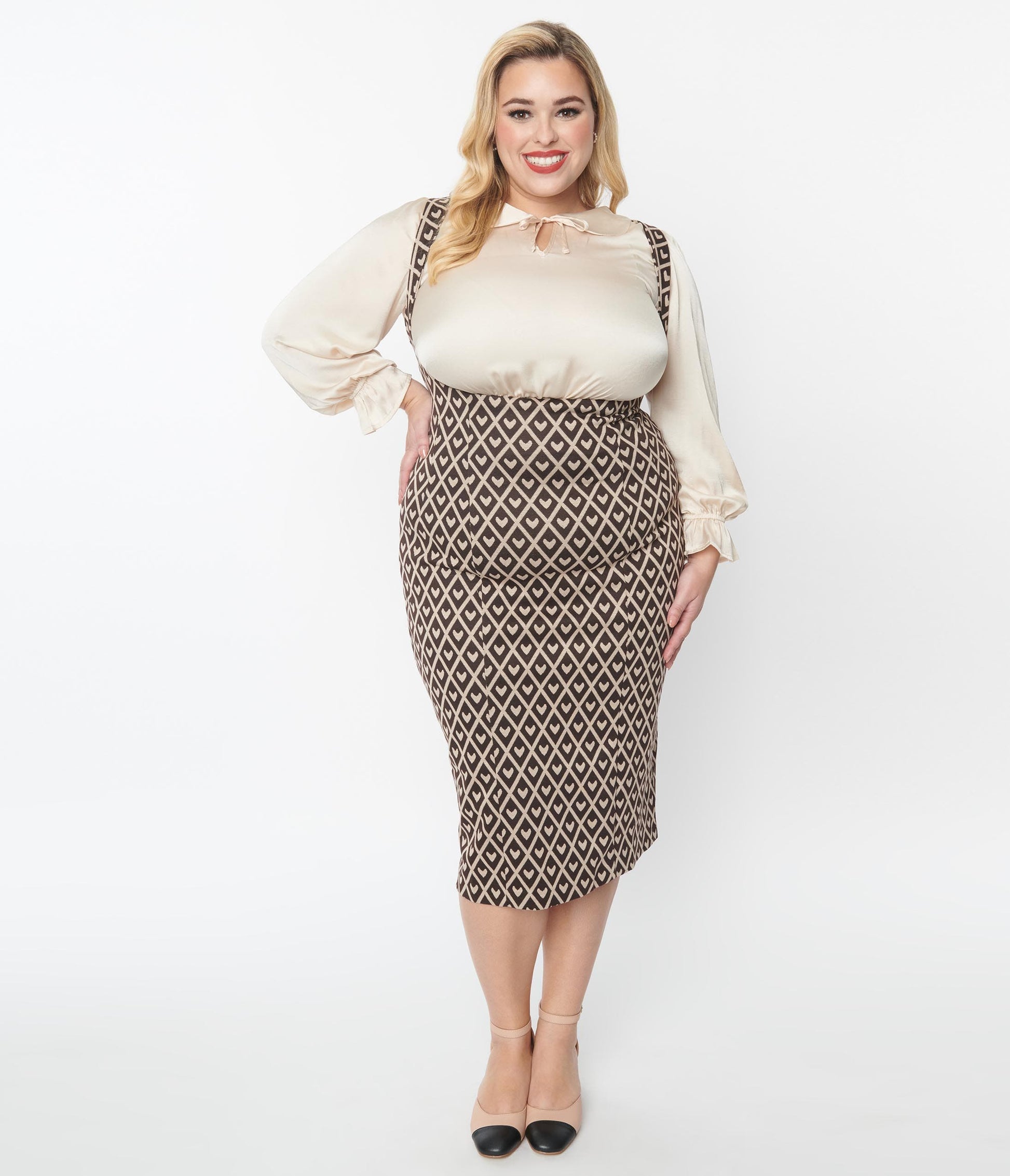 Unique Vintage Plus Size Brown Argyle Hearts Fontaine Suspender Pencil Skirt