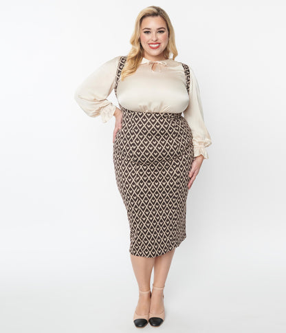 Unique Vintage Plus Size Brown Argyle Hearts Fontaine Suspender Pencil Skirt