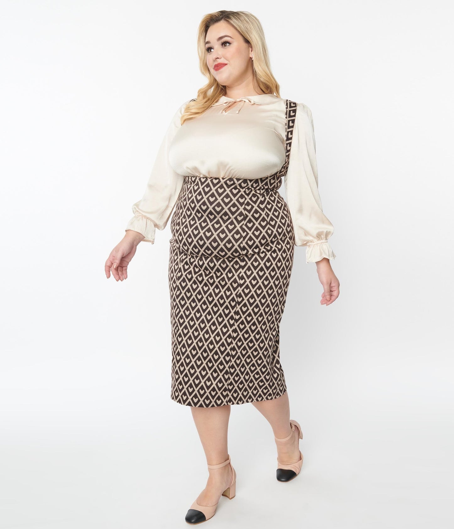 Unique Vintage Plus Size Brown Argyle Hearts Fontaine Suspender Pencil Skirt