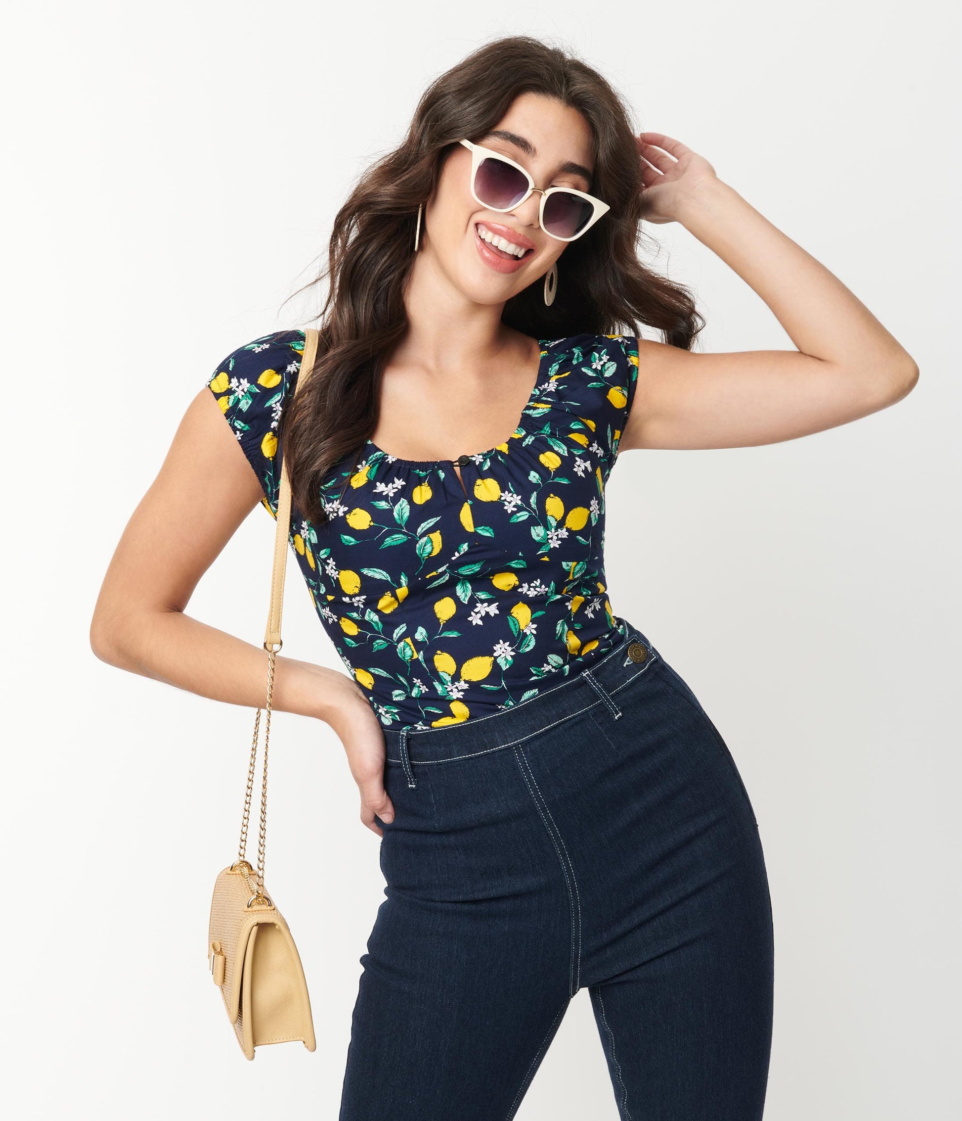 Magnolia Place Navy & Lemon Print May Top
