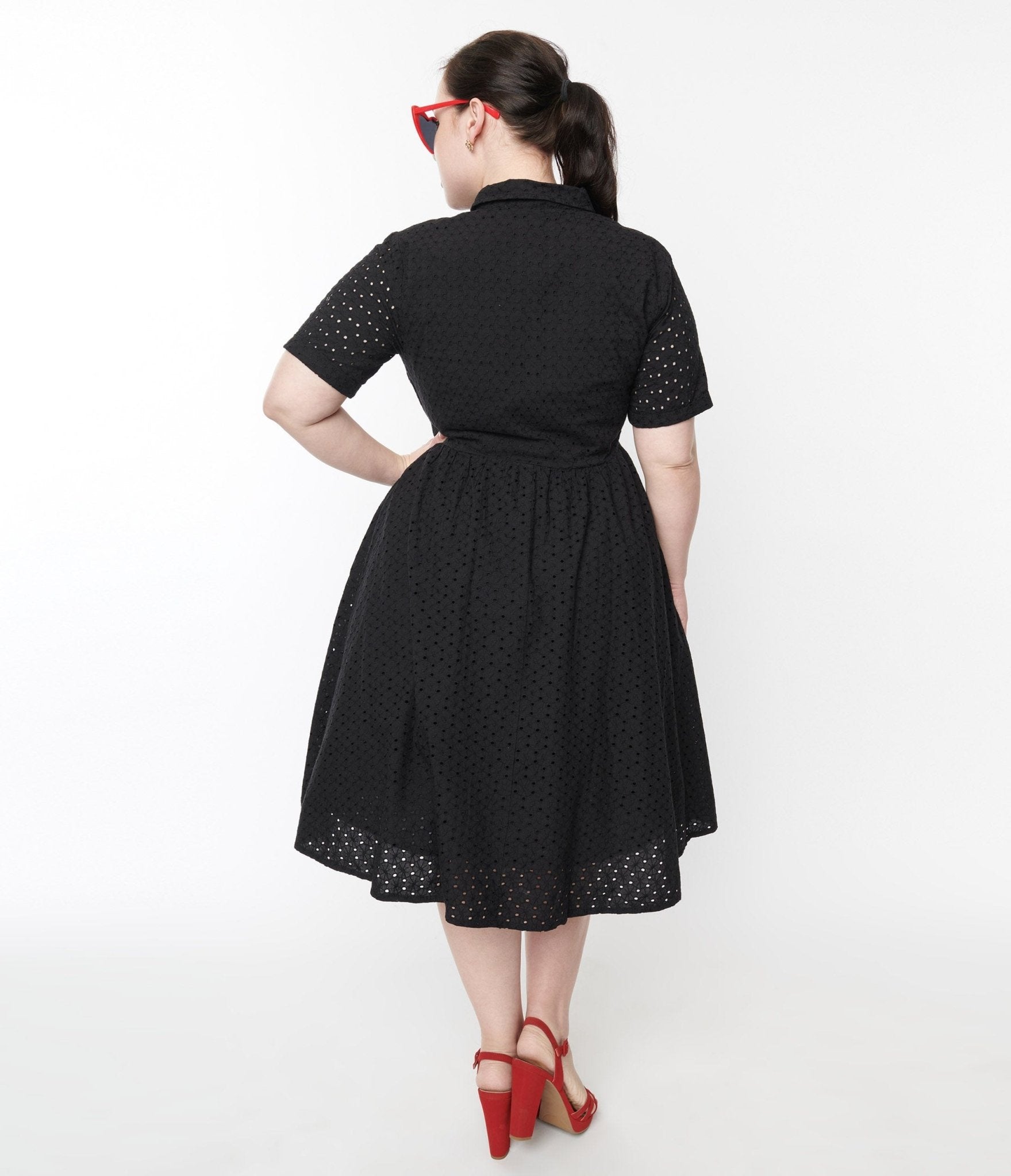 1950s Black Eyelet Collared Swing Dress - Unique Vintage - Womens, DRESSES, SWING