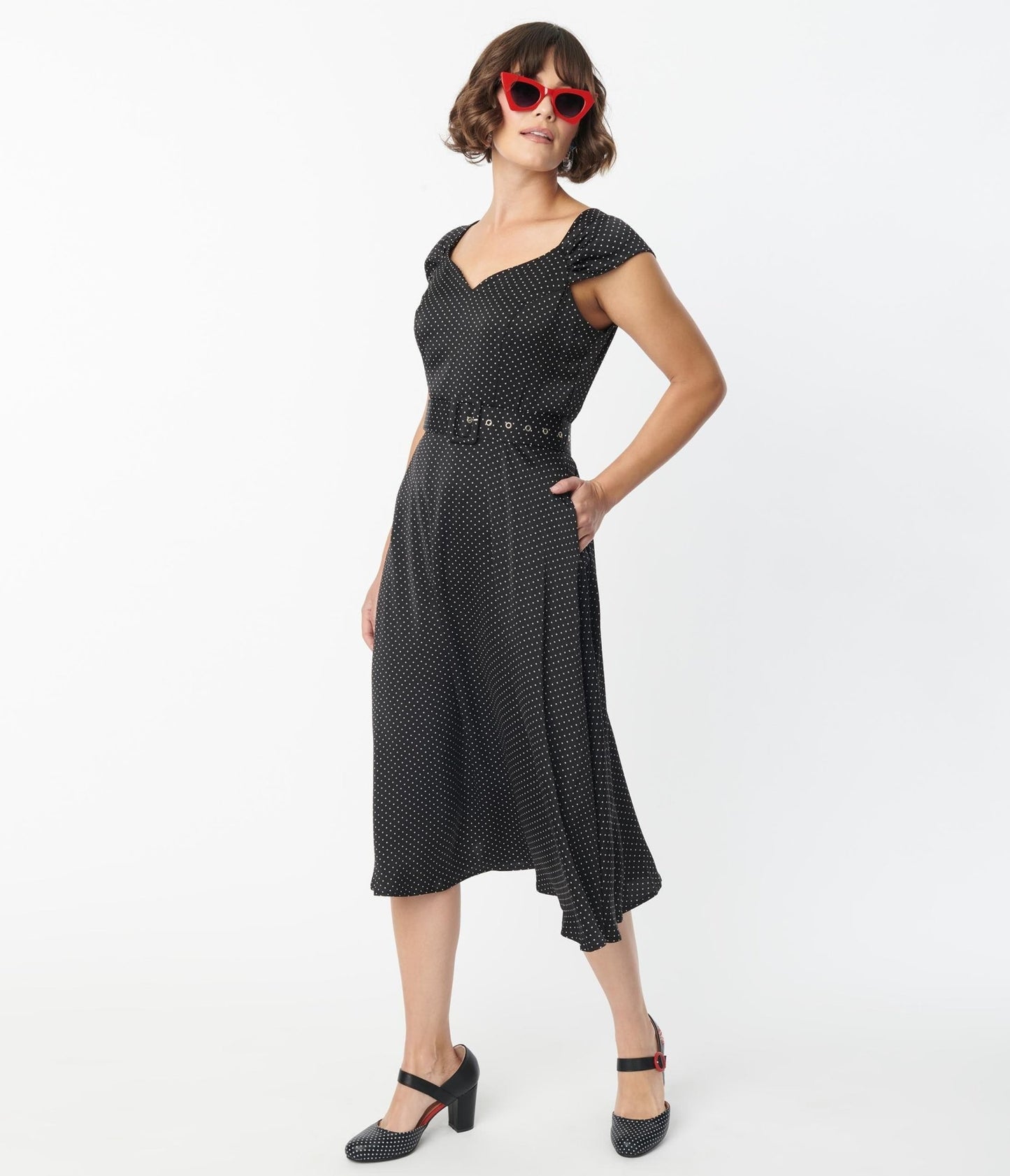 1950s Black & White Pin Dot Swing Dress - Unique Vintage - Womens, DRESSES, SWING