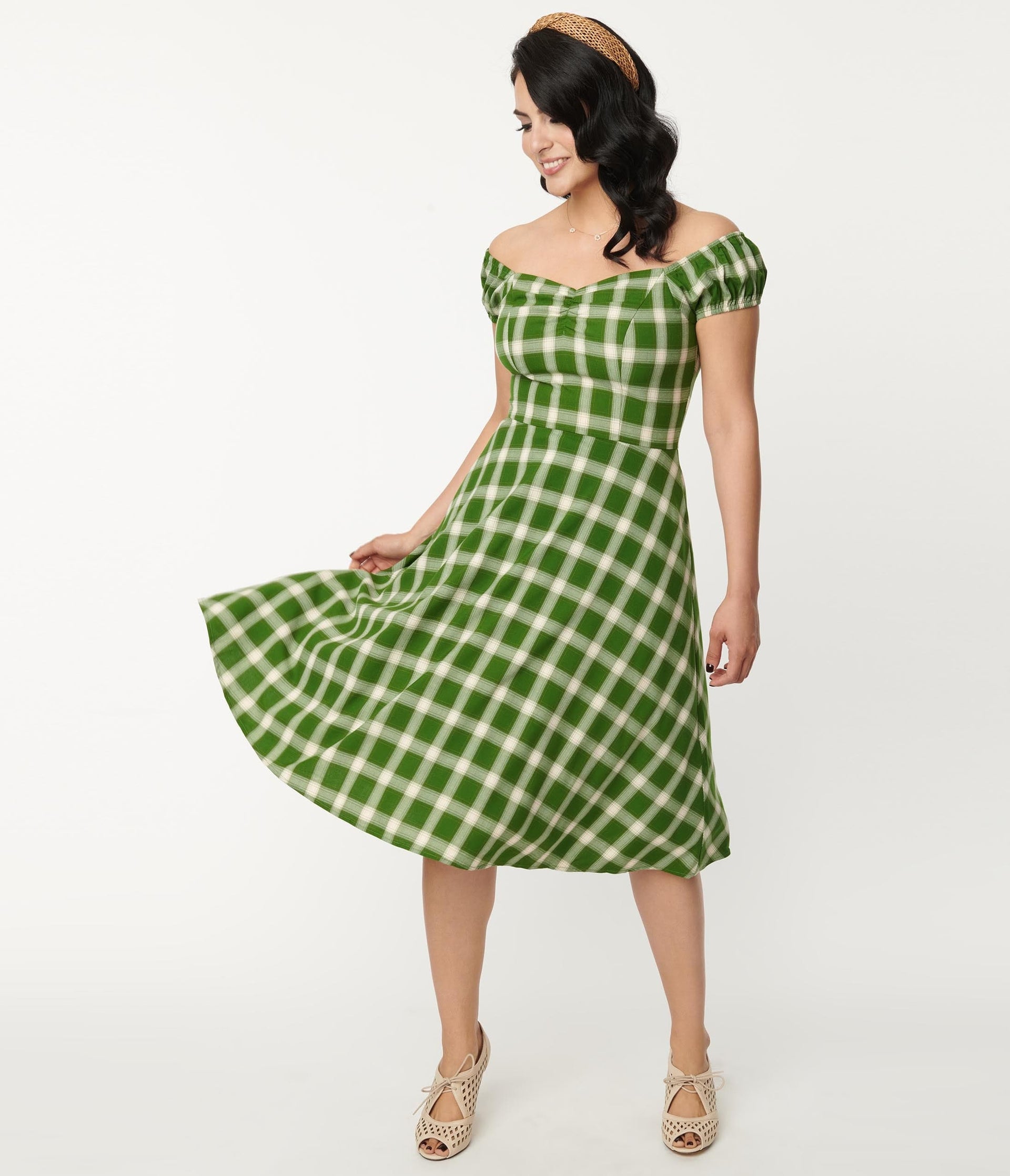 1950s Green & White Plaid Swing Dress - Unique Vintage - Womens, DRESSES, SWING