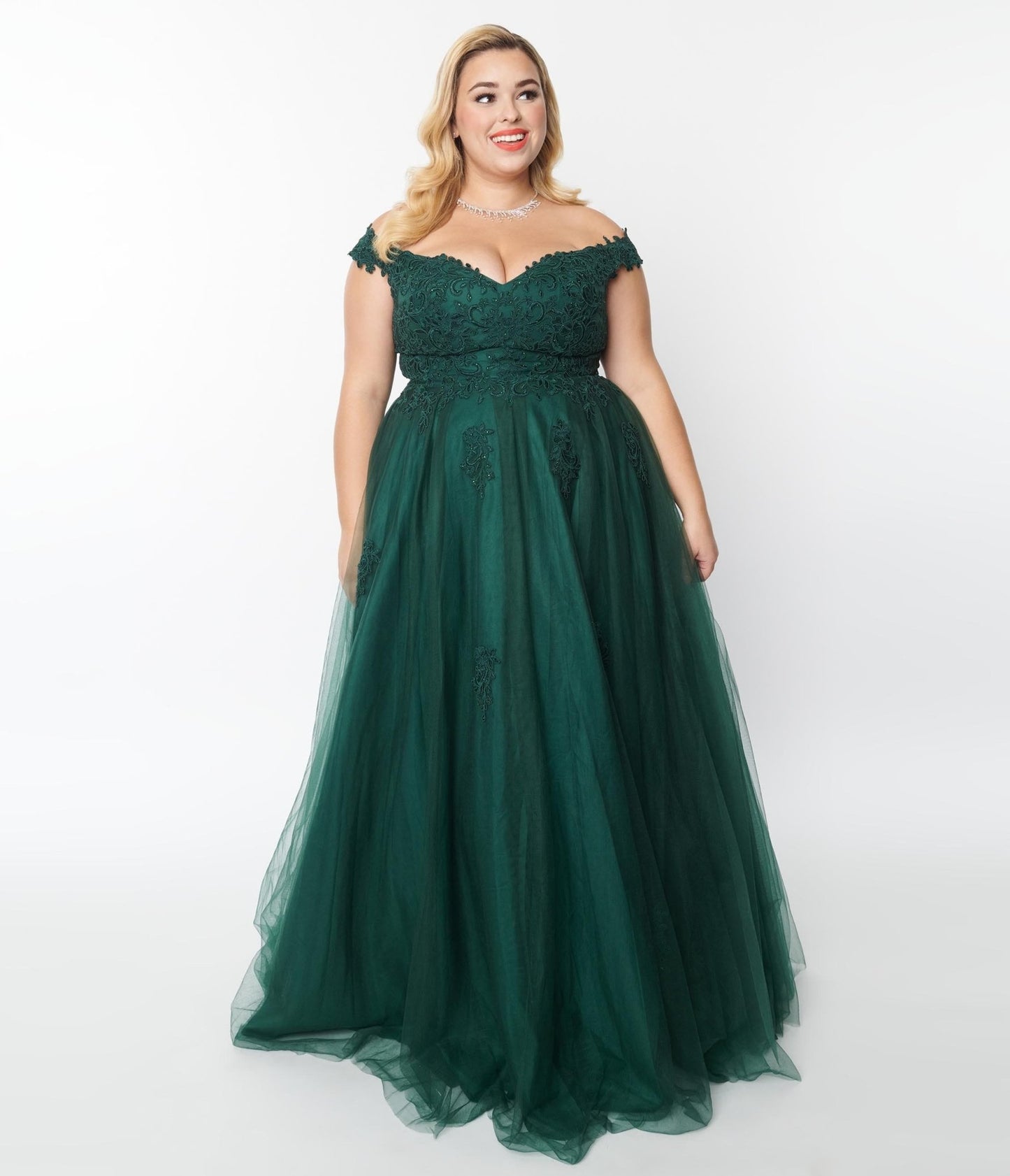 1950s Style Plus Size Emerald Floral Off The Shoulder Ball Gown - Unique Vintage - Womens, DRESSES, PROM AND SPECIAL OCCASION