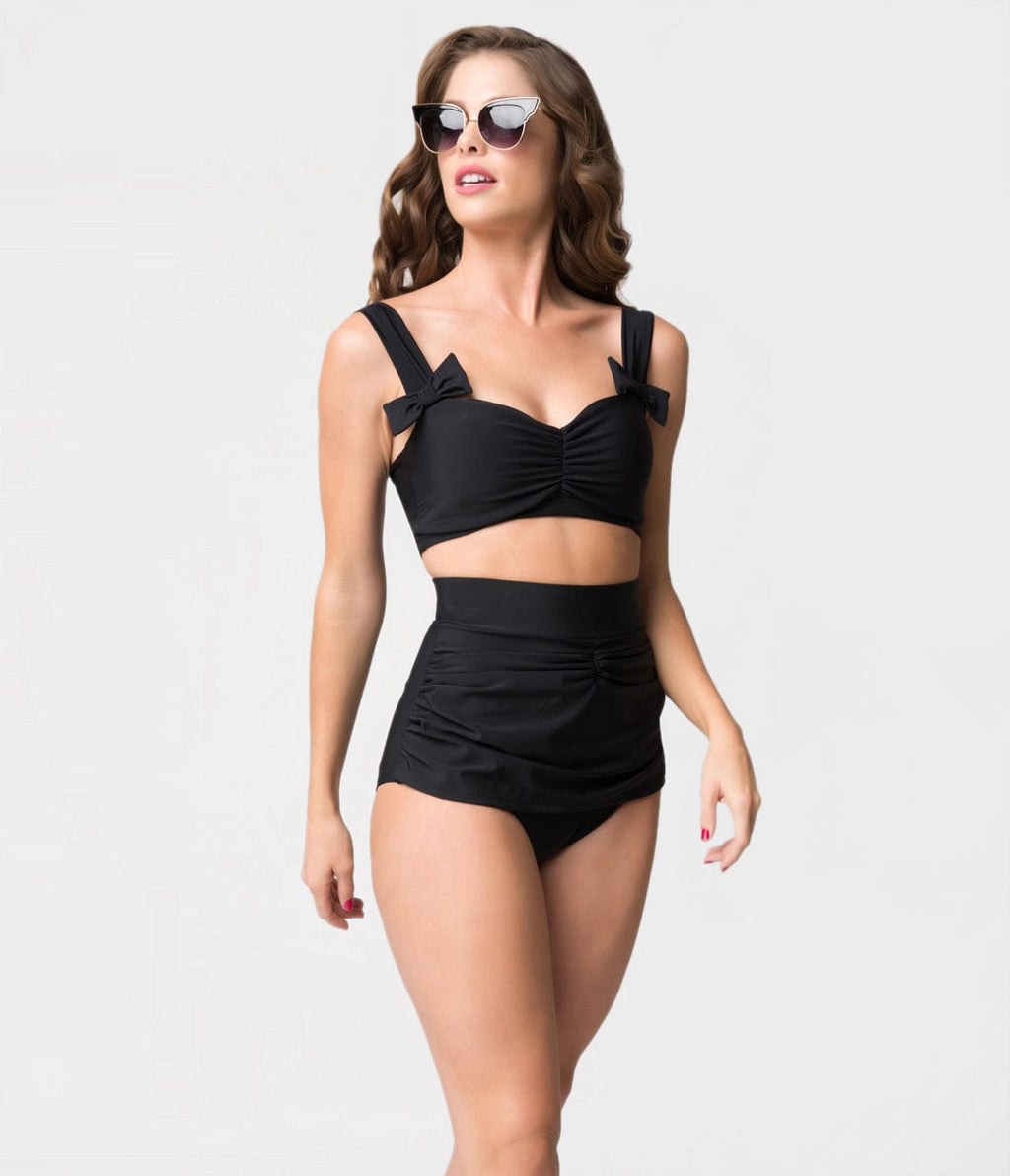 1950s Vintage Style Black Bows Swim Top - Unique Vintage - Womens, SWIM, TOP