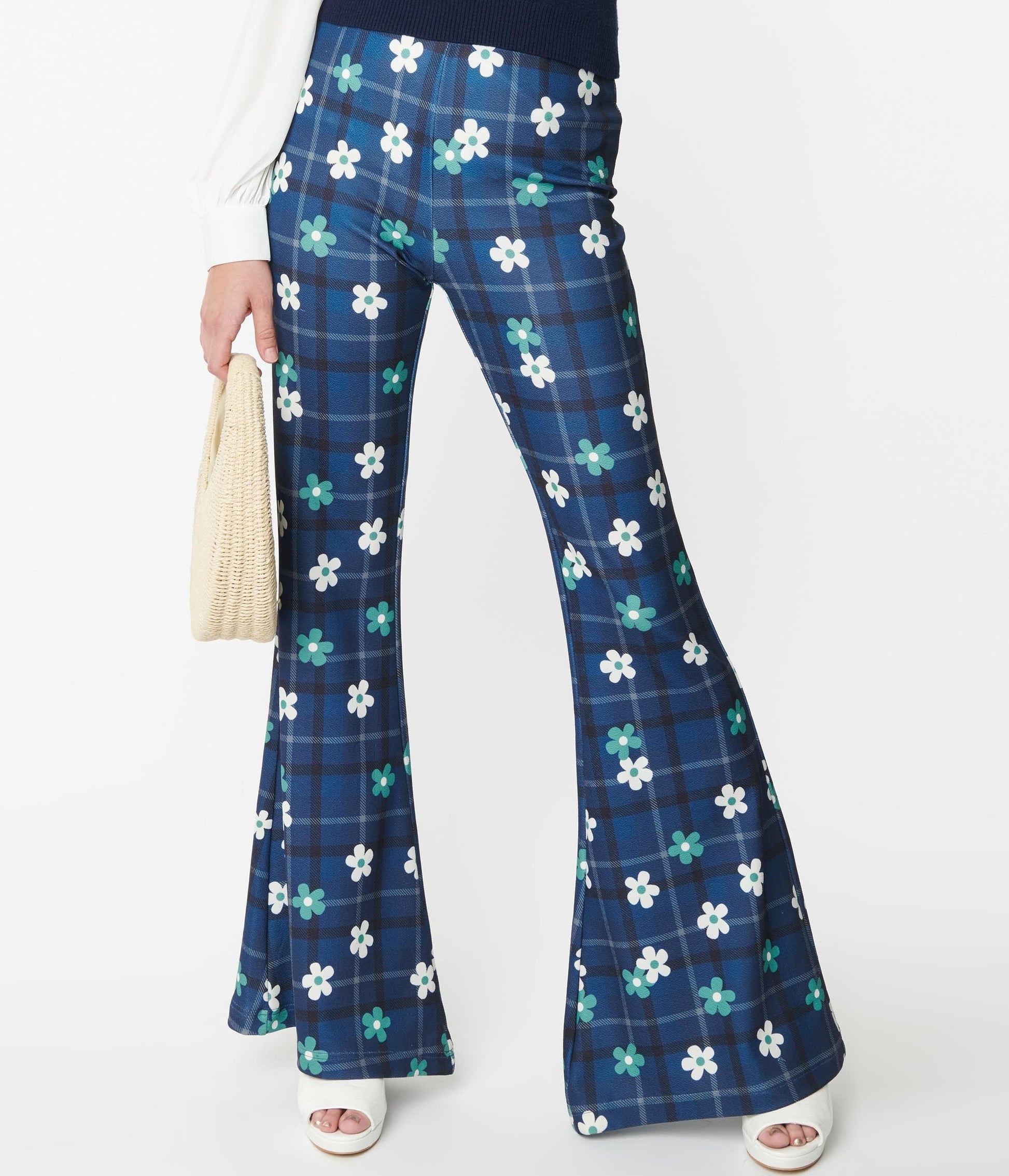 Smak Parlour Blue Plaid & Flower Power Flare Pants