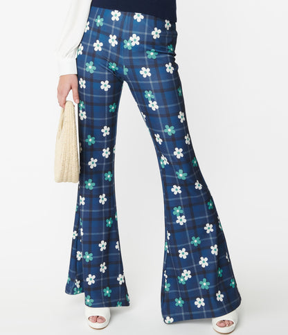 Smak Parlour Blue Plaid & Flower Power Flare Pants