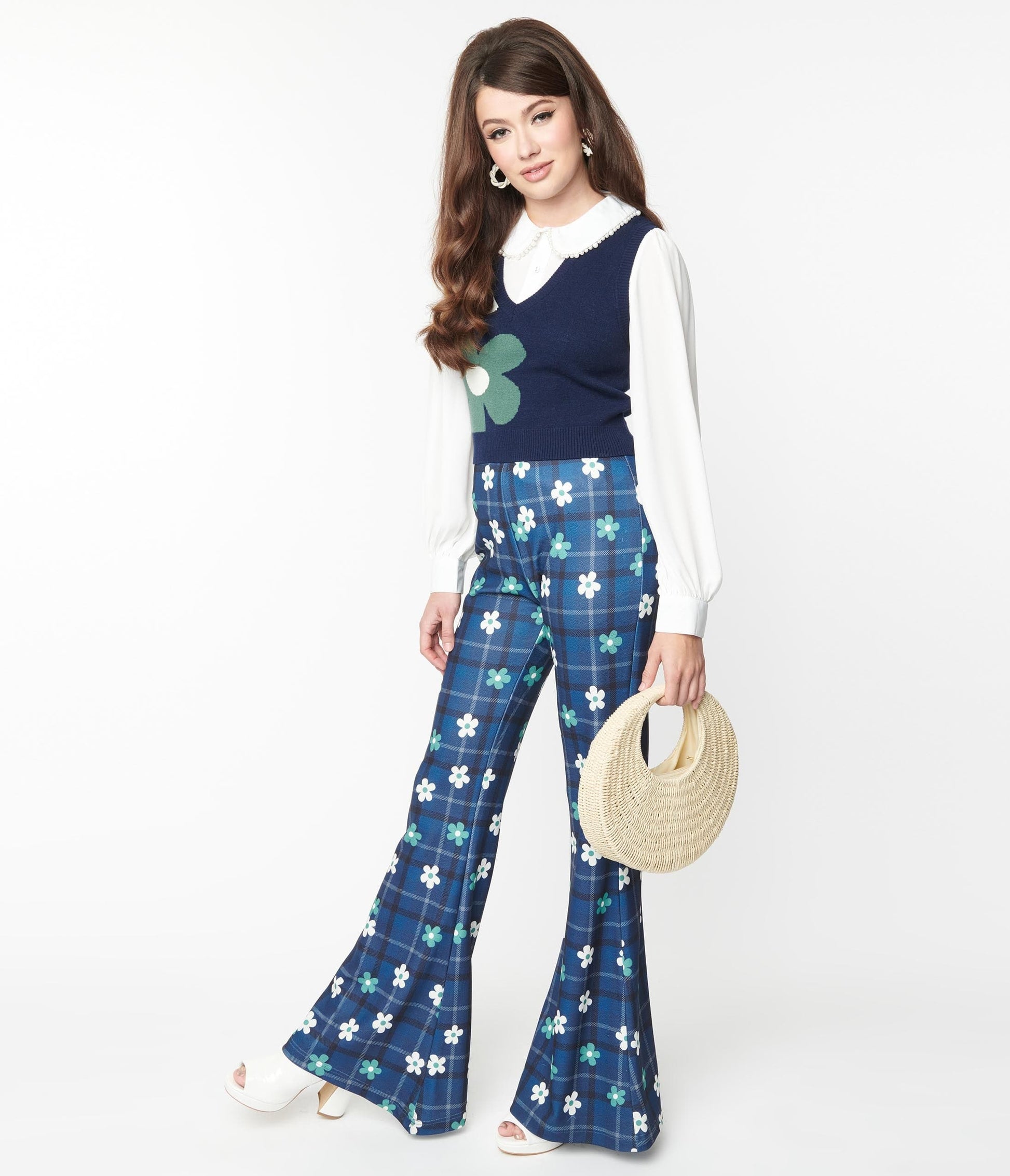 Smak Parlour Blue Plaid & Flower Power Flare Pants