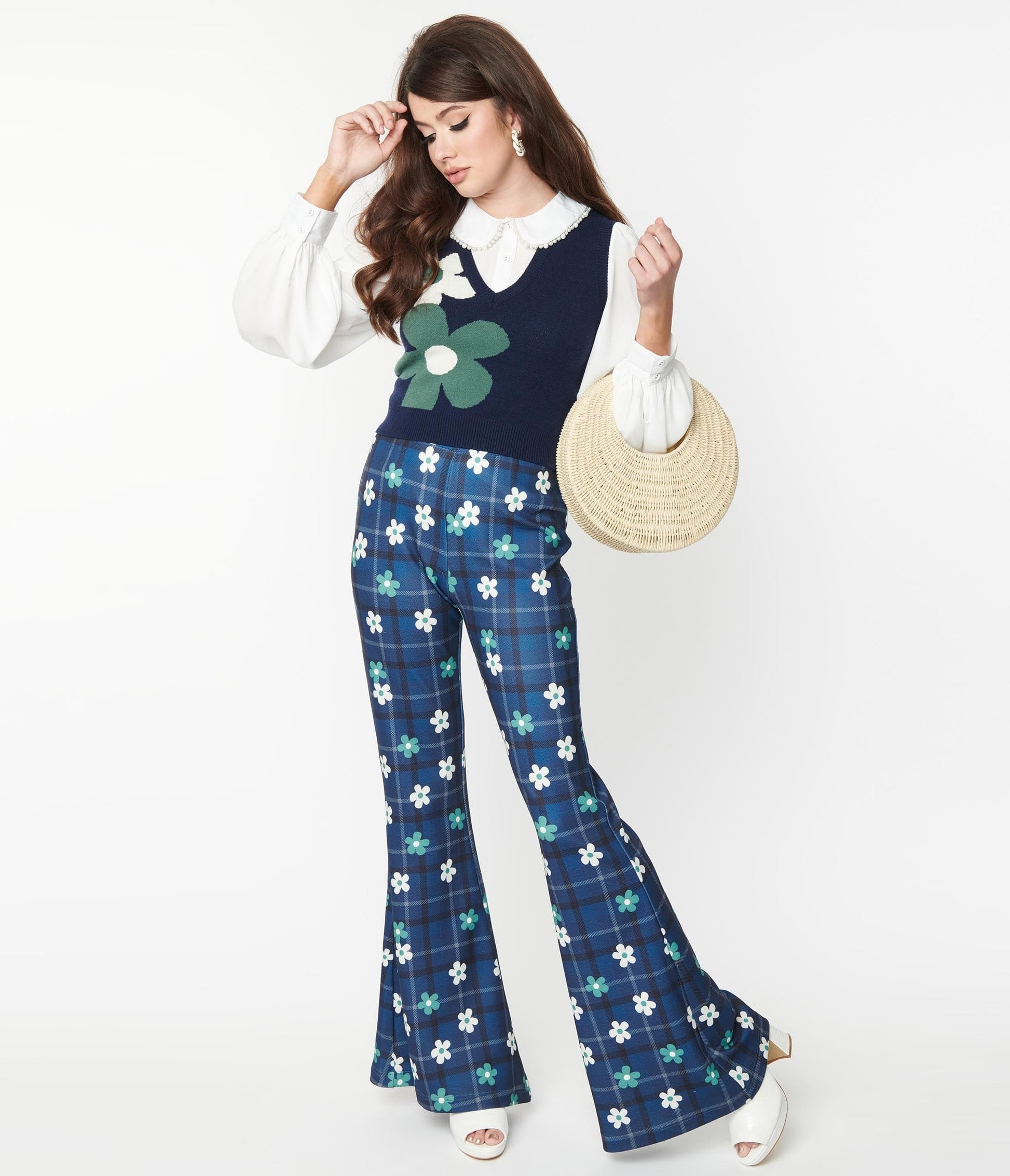 Smak Parlour Blue Plaid & Flower Power Flare Pants