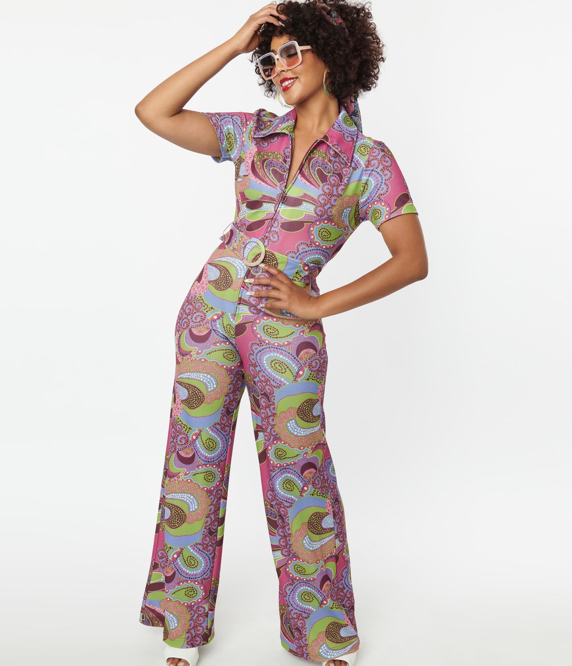Smak Parlour Purple & Green Abstract Paisley Jumpsuit