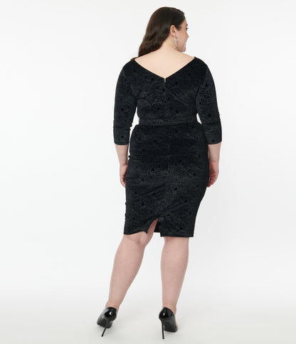 Unique Vintage Plus Size Black Tiger Embossed Velvet Jaqueline Pencil Dress