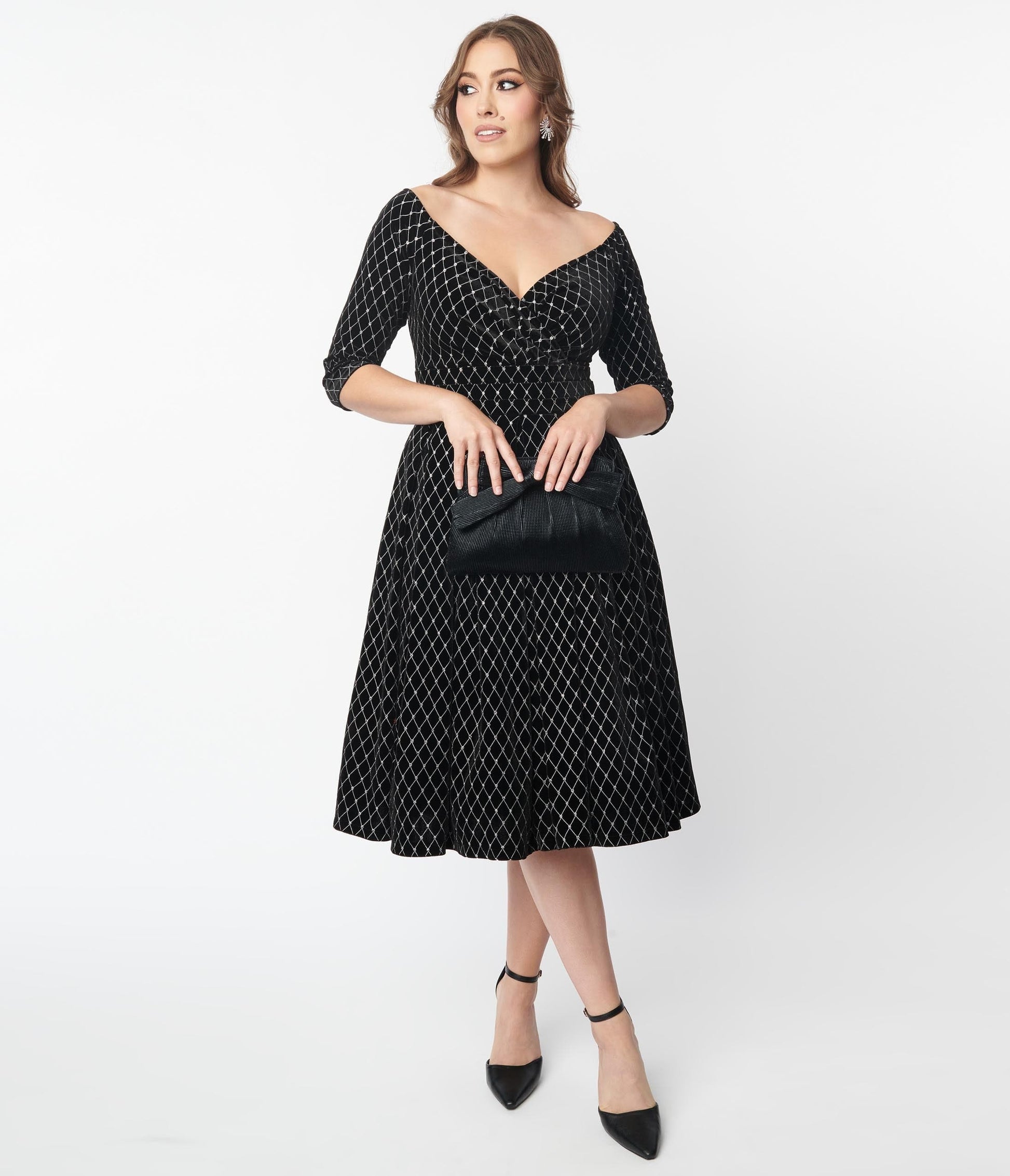 Unique Vintage Black Velvet & Glitter Diamond Marceline Swing Dress