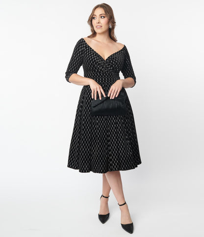 Unique Vintage Black Velvet & Glitter Diamond Marceline Swing Dress
