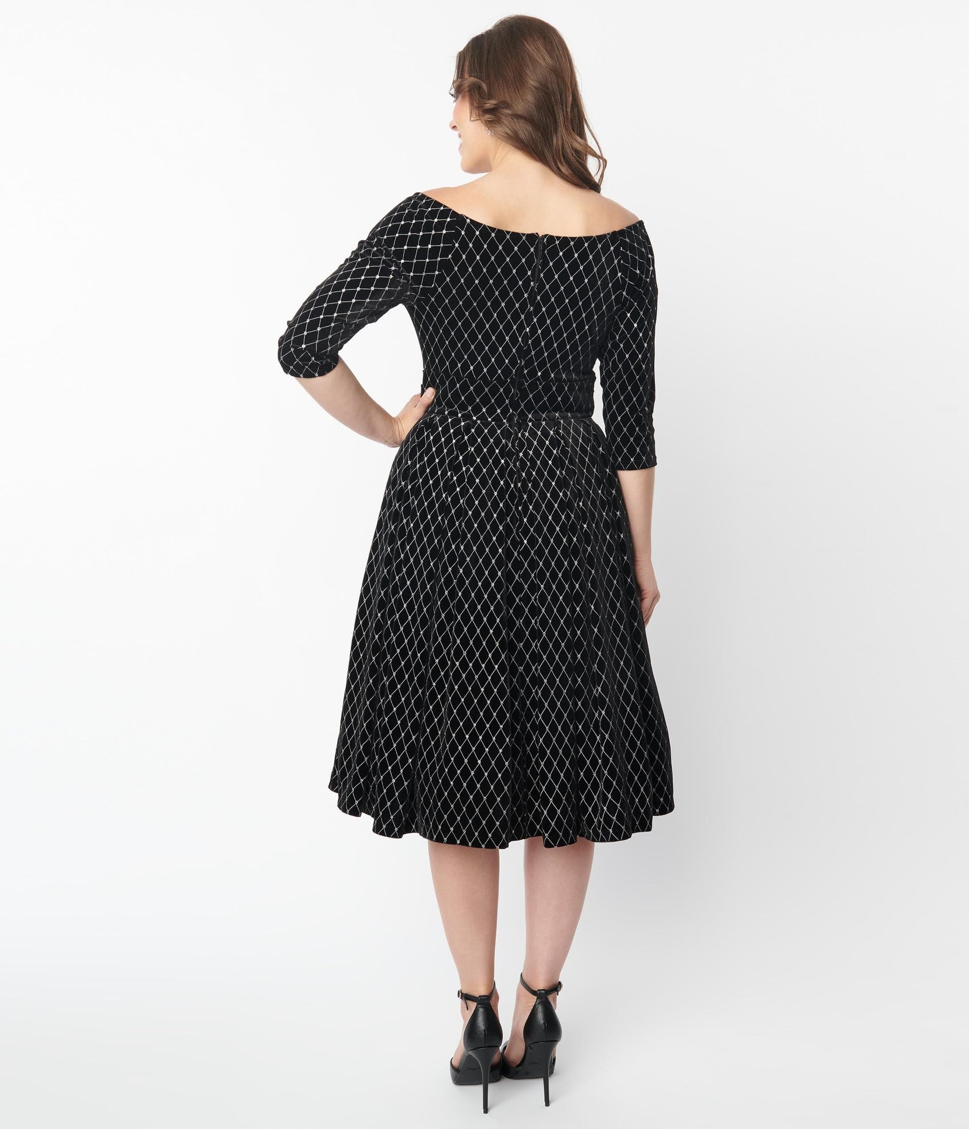 Unique Vintage Black Velvet & Glitter Diamond Marceline Swing Dress