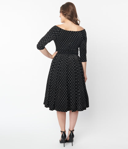 Unique Vintage Black Velvet & Glitter Diamond Marceline Swing Dress