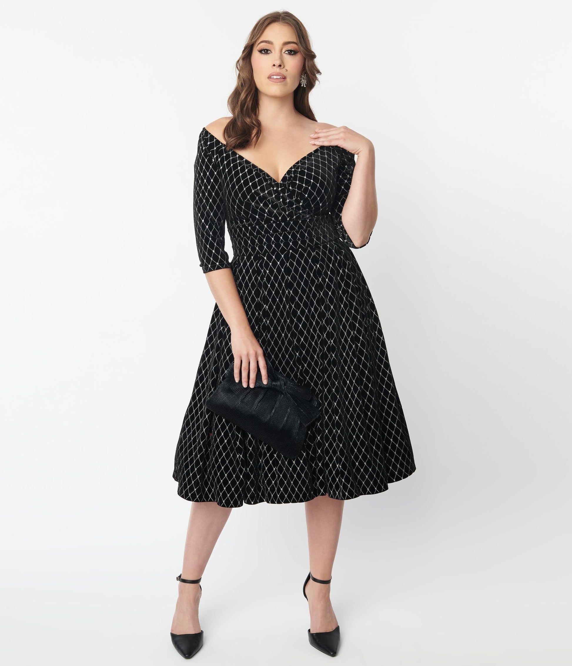 Unique Vintage Black Velvet & Glitter Diamond Marceline Swing Dress