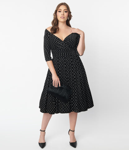 Unique Vintage Black Velvet & Glitter Diamond Marceline Swing Dress