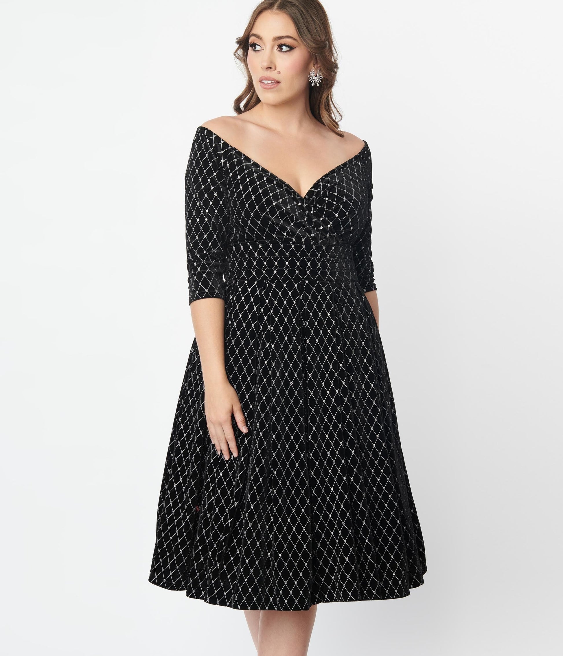 Unique Vintage Black Velvet & Glitter Diamond Marceline Swing Dress