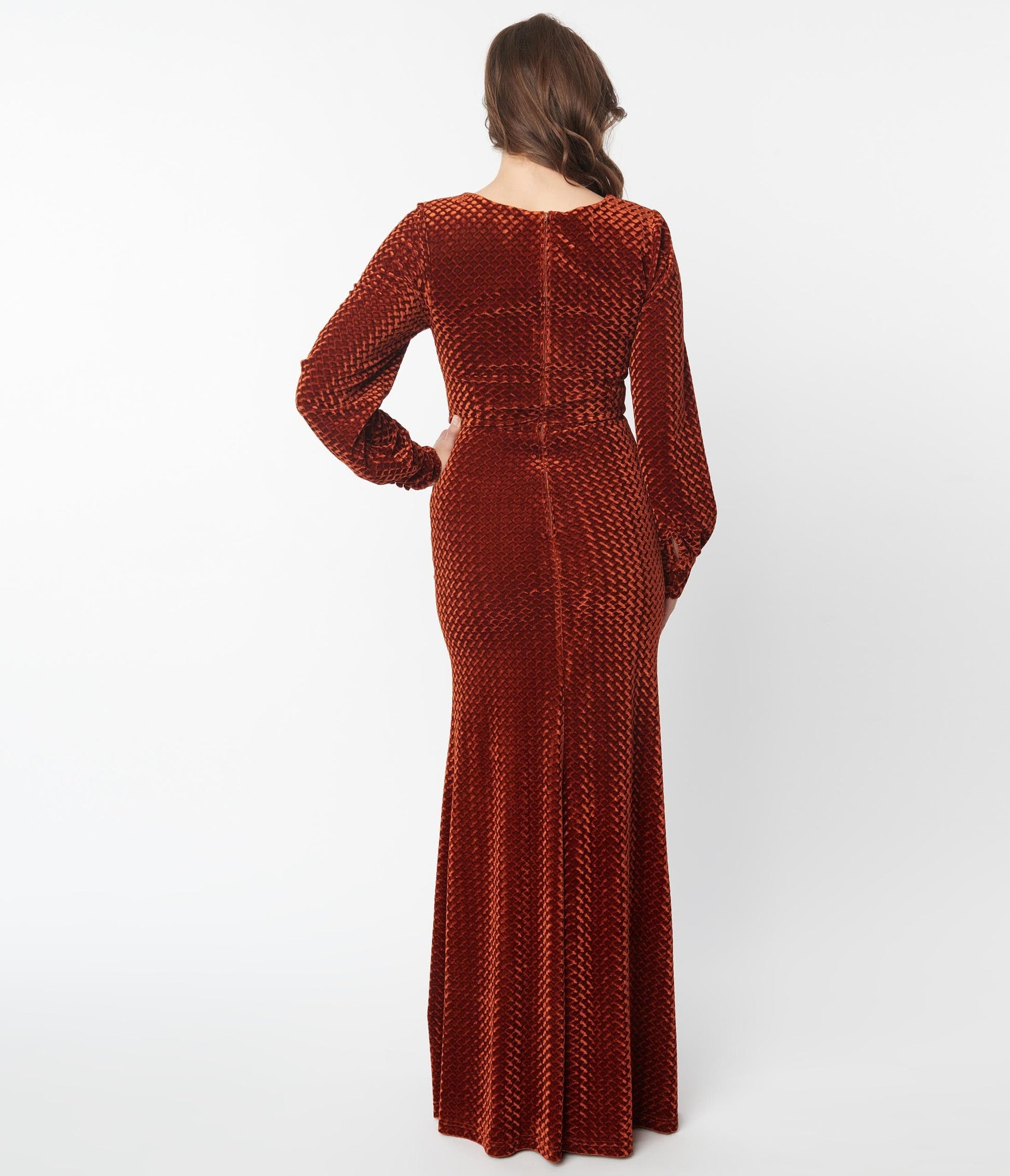 Unique Vintage Rust Embossed Velvet Barrie Maxi Dress