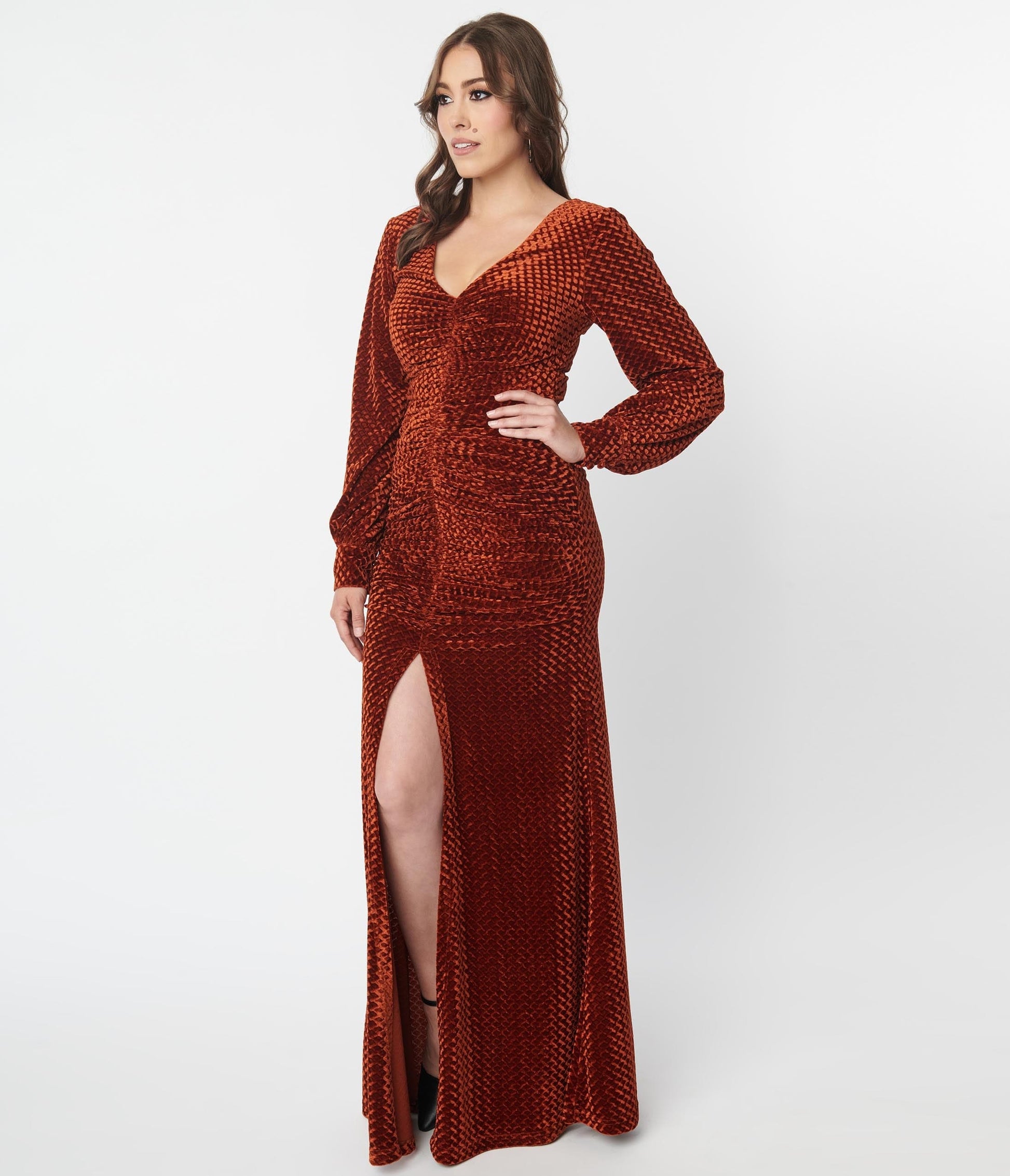 Unique Vintage Rust Embossed Velvet Barrie Maxi Dress