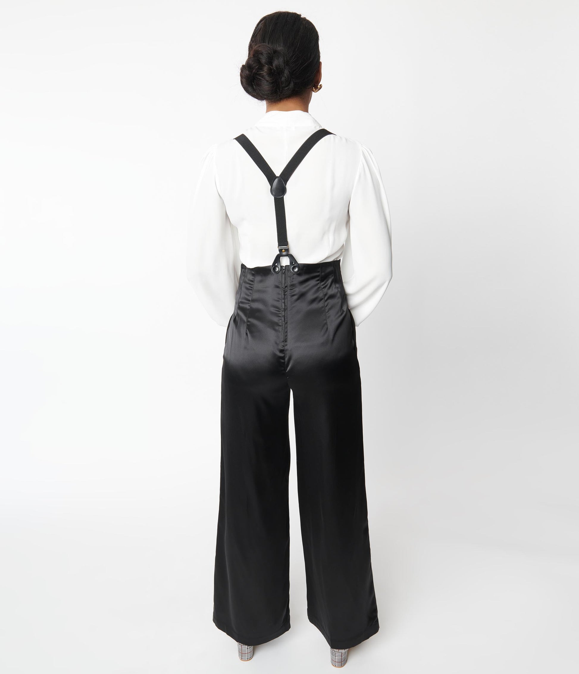 Unique Vintage Black Satin High Waist Suspender Pants