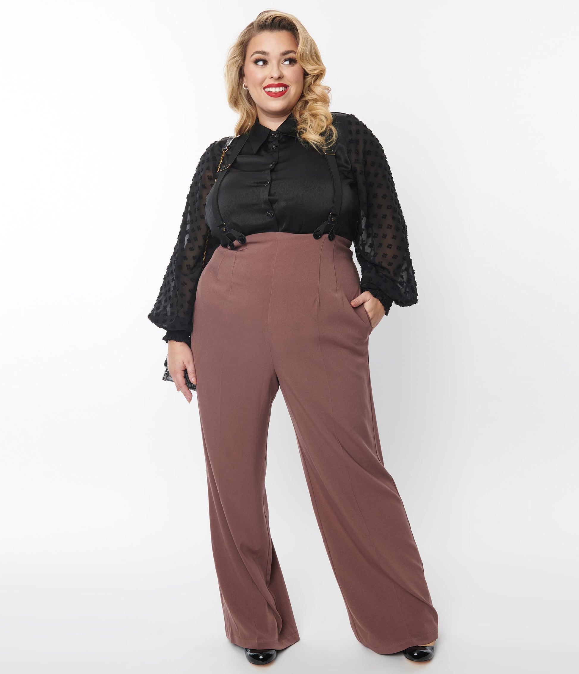 Unique Vintage Plus Size Mauve High Waist Suspender Pants