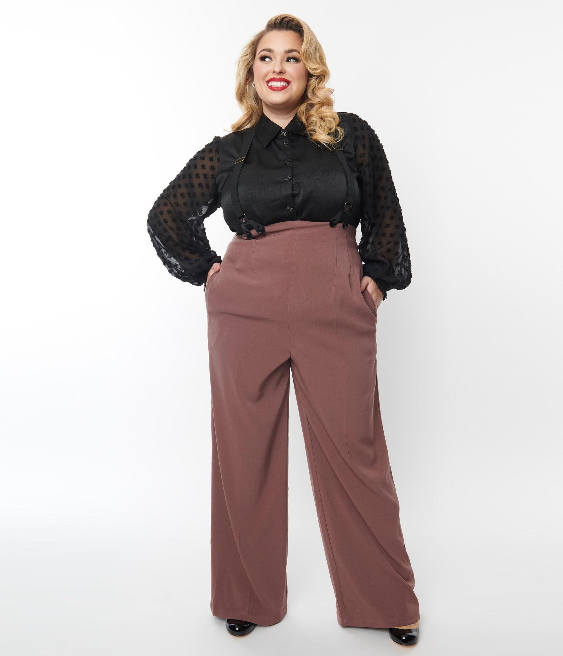 Unique Vintage Plus Size Mauve High Waist Suspender Pants