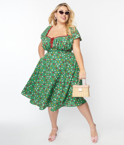 Unique Vintage Plus Size Green & Multi Heart Print Swing Dress
