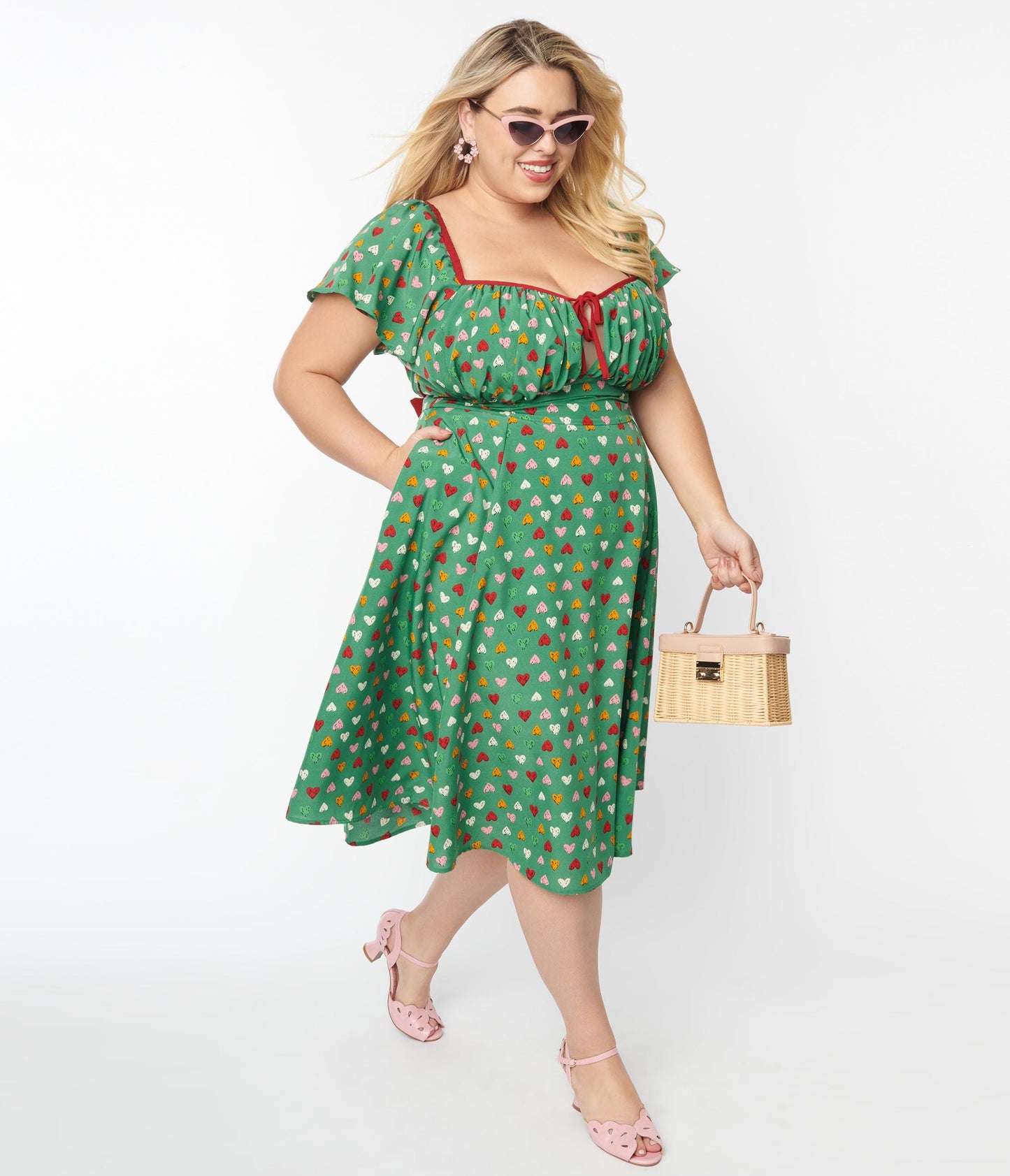 Unique Vintage Plus Size Green & Multi Heart Print Swing Dress