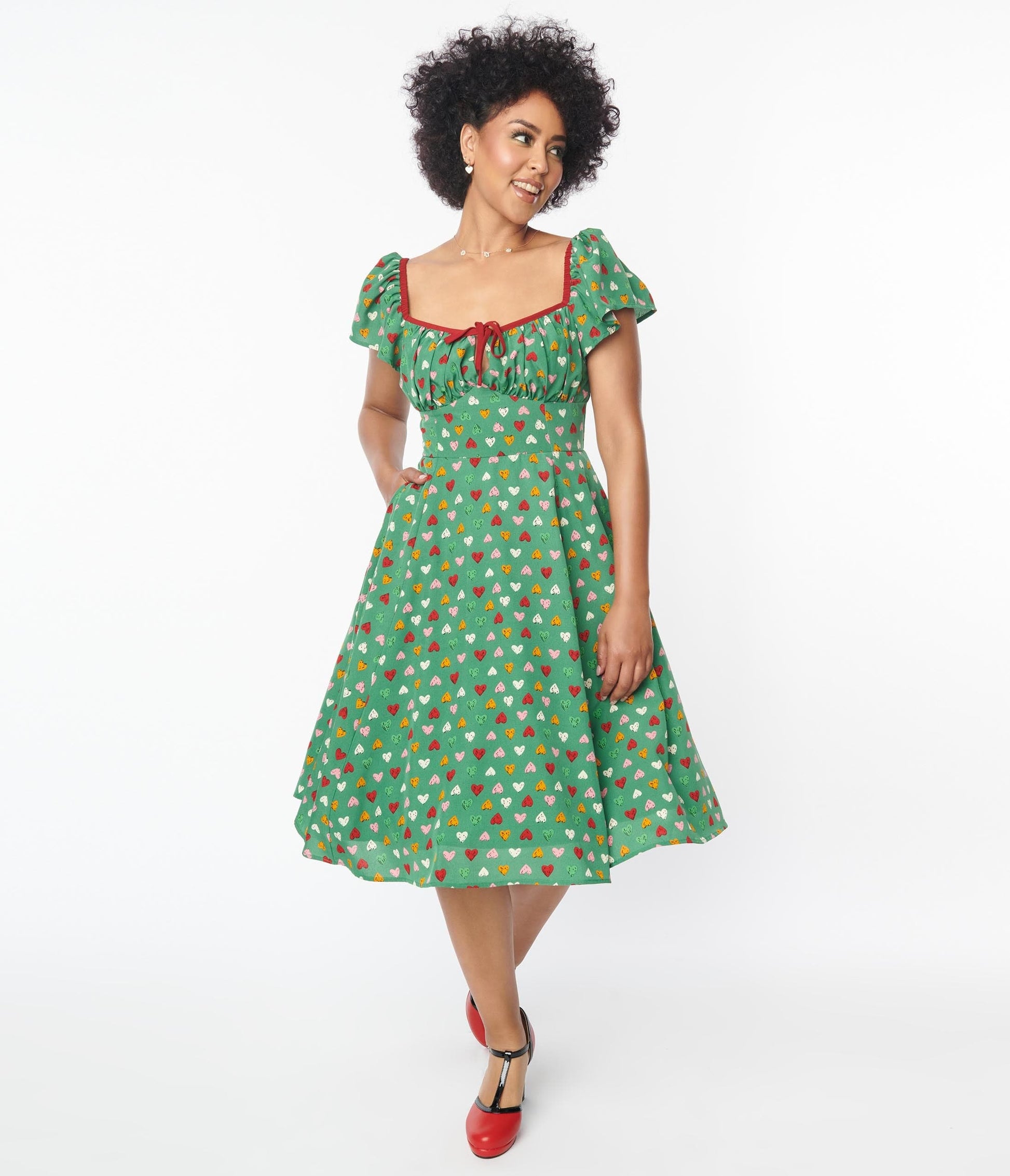 Unique Vintage Green & Multi Heart Print Swing Dress